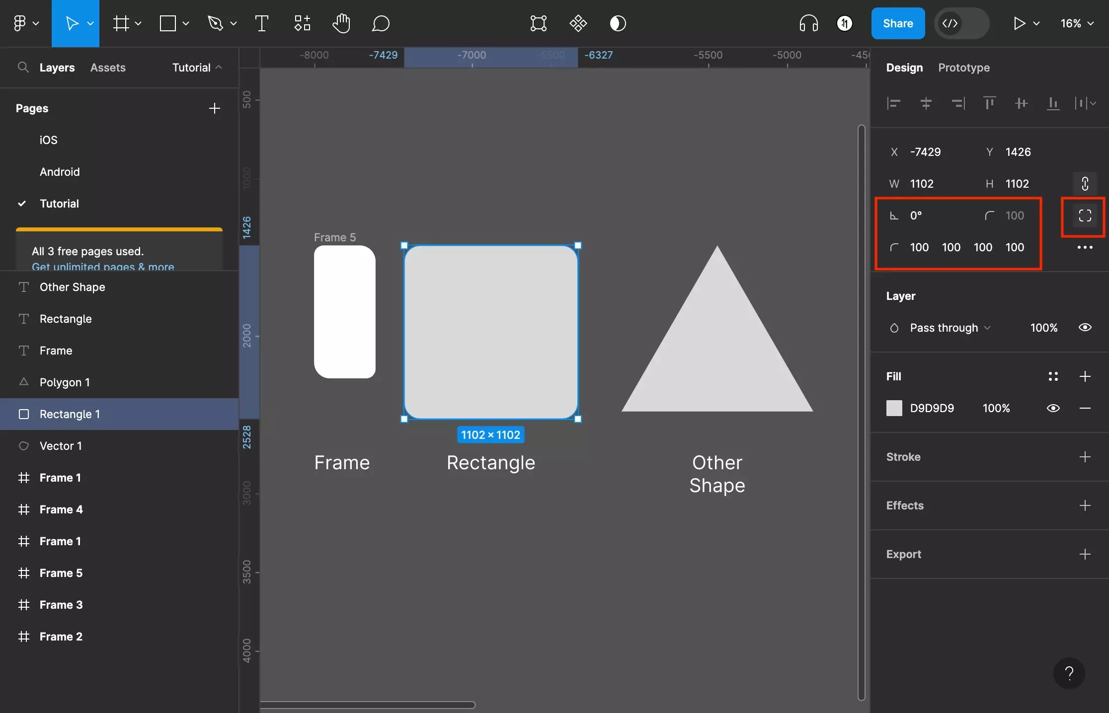 A screenshot of Figma showing that the ability to change the individual radii is also available for rectangles.