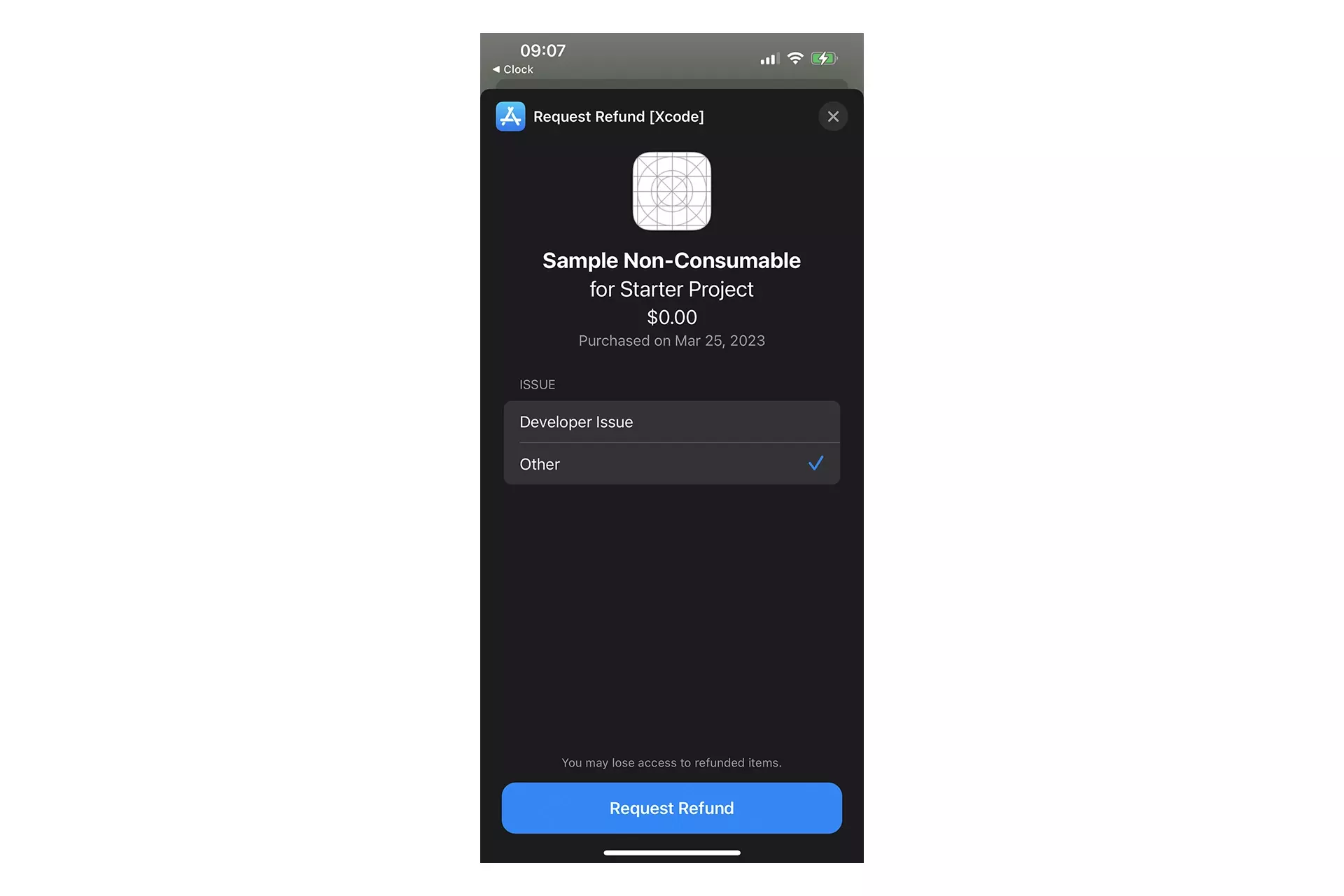 A screenshot of the Refund UI in an iOS app when you begin a refund request.