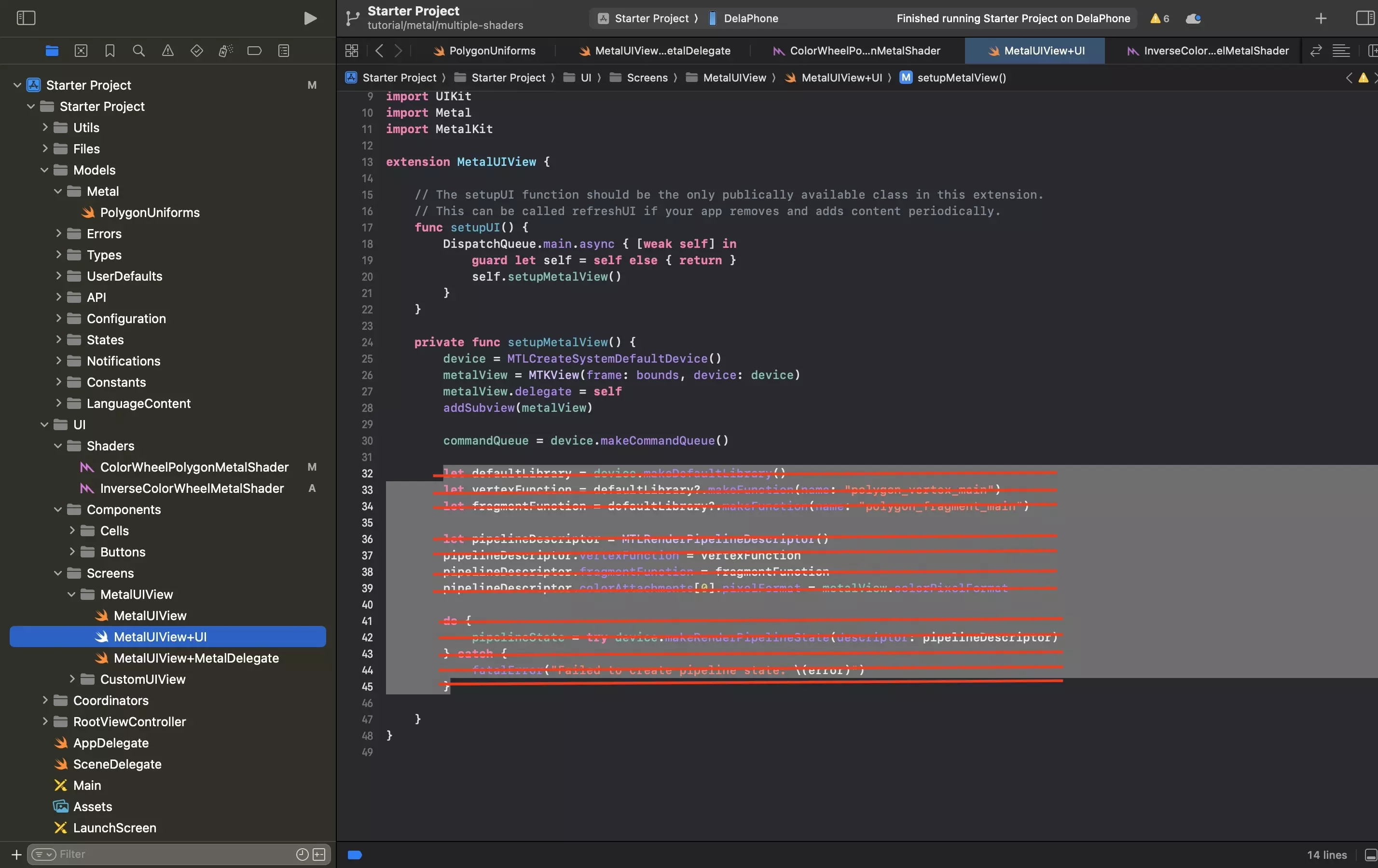 A screenshot of the MetalUIView+UI.swift file highlighting how we removed the code that is used to declare the metal shader.