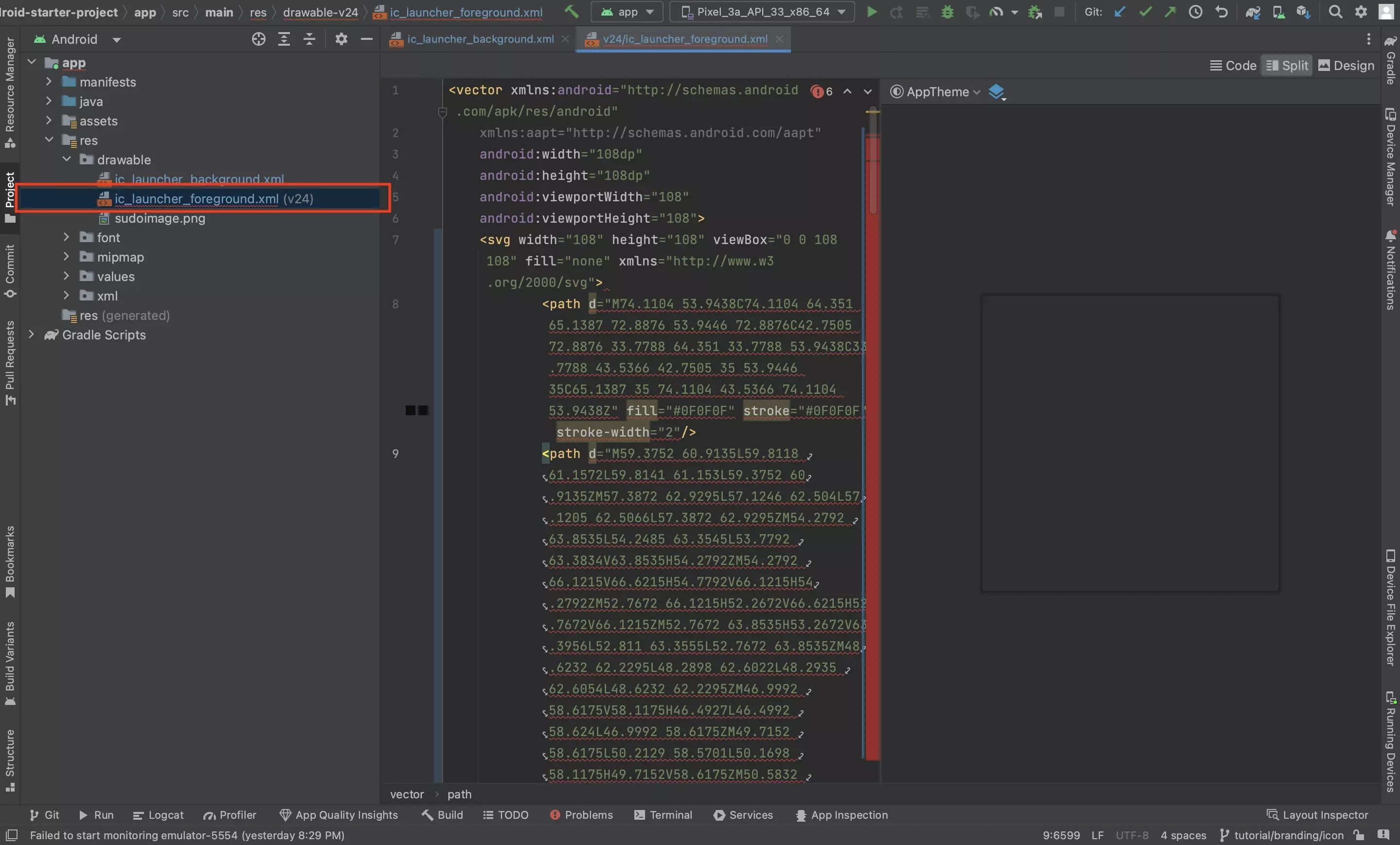 A screenshot of Android Studio showing ic_launcher_foreground.xml file. It shows that we have removed everything except the paths, from the code that was pasted in from Figma.