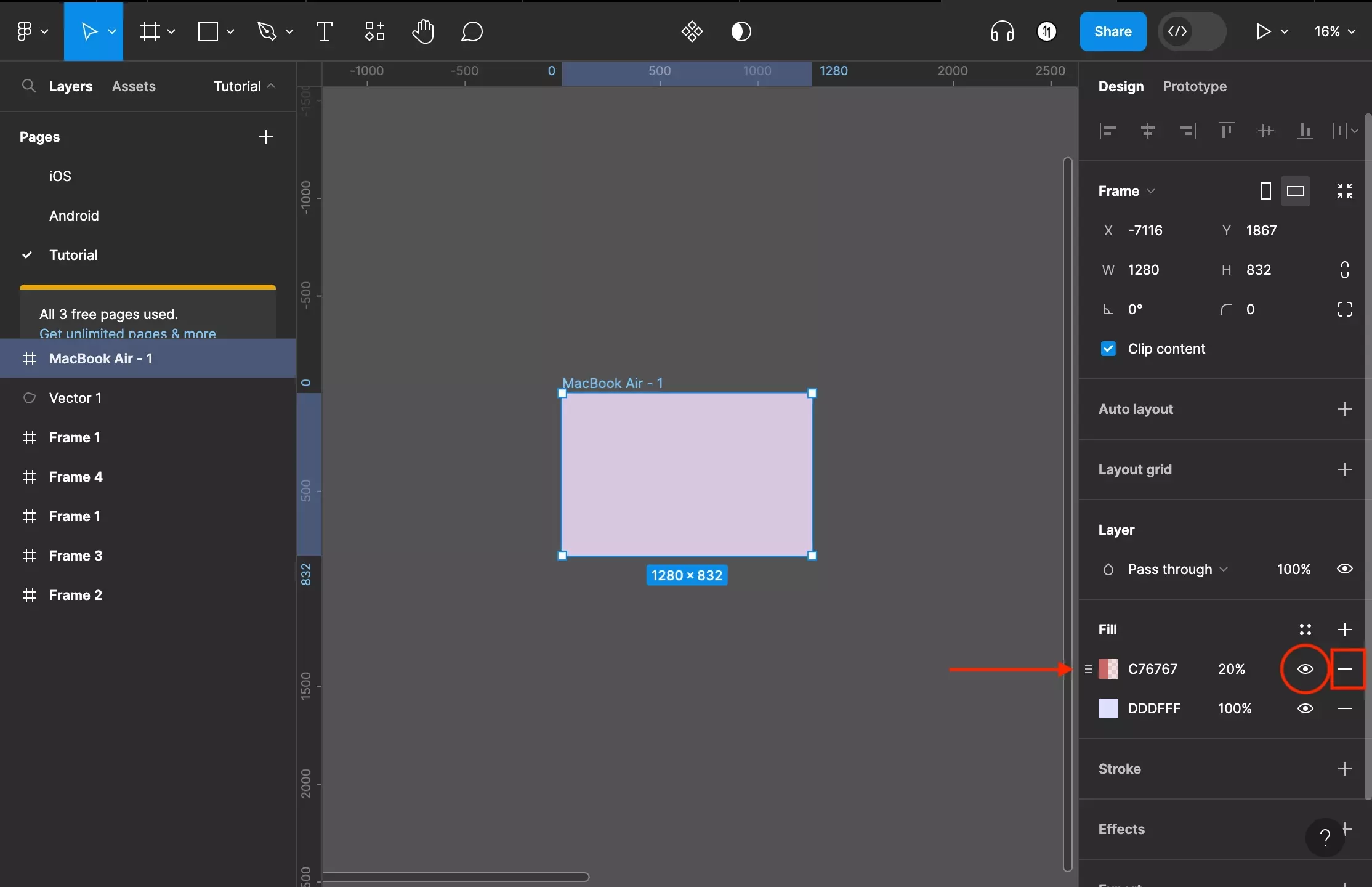 A screenshot of Figma with a Frame selected. Highlighted on the right menu bar under the fill section is a color. If you highlight the color, it will present handles on the left side of the bar - this allows you to change its position within the hierarchy. The lower down it is, the further down it is in the background. To the right of it there is an eye, this allows you to show or hide the color. Finally, to the right of it, there is a - icon. If pressed this removes the color.