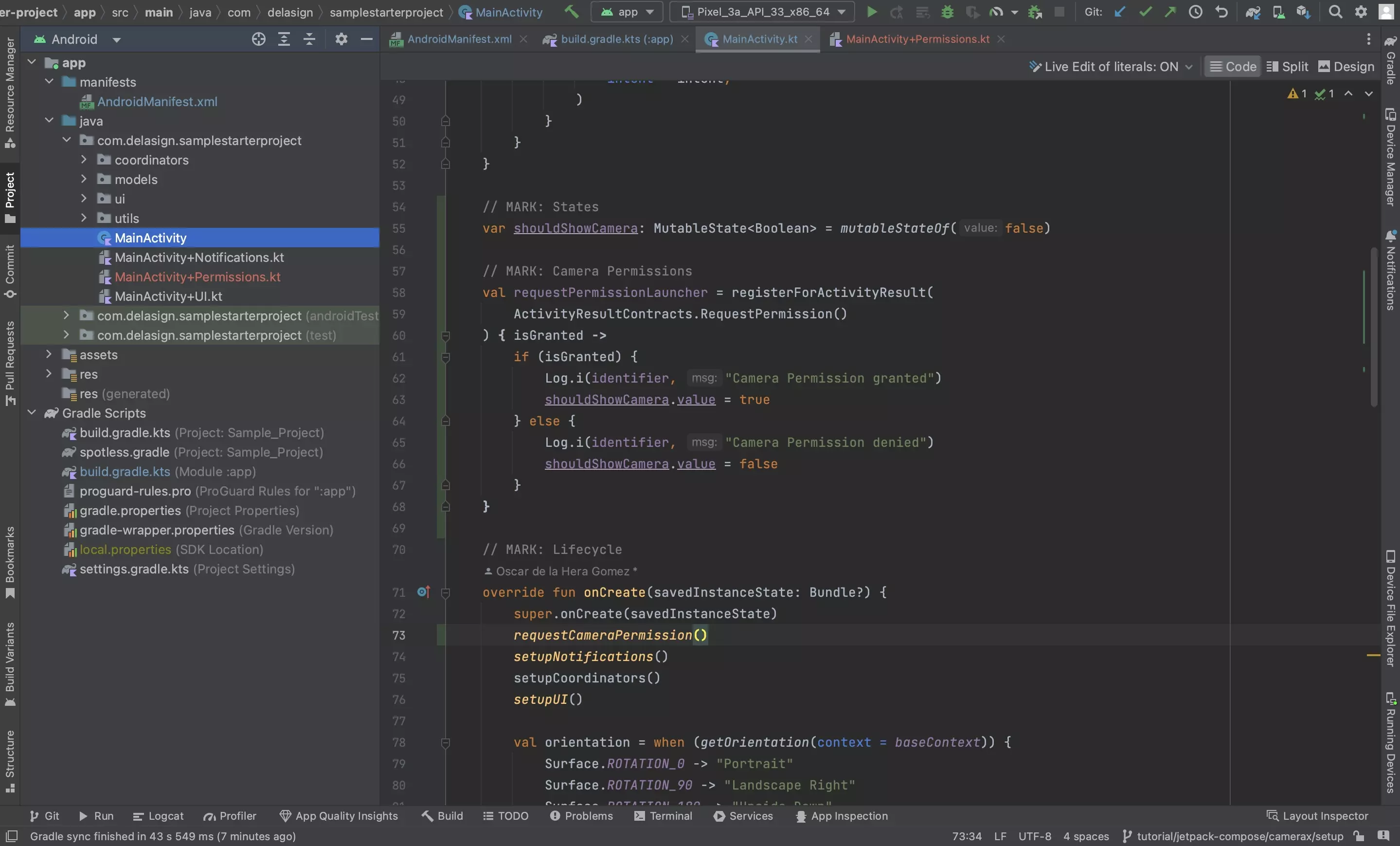 A screenshot of Android Studio showing the MainActivity.kt file. It demonstrates some of the code that we provide in this subsequent step.