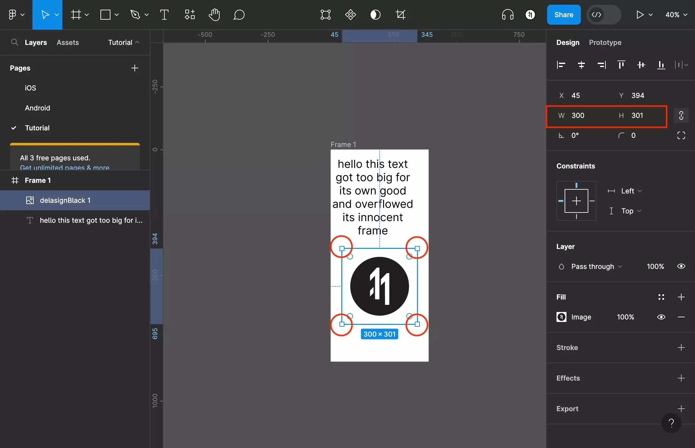 A screenshot of Figma with a highlight on the corners of the image that was dragged in. These corners have squares which represent handles, which allow you to resize an image. We have also highlighted the dimensions on the inspector on the right side bar.