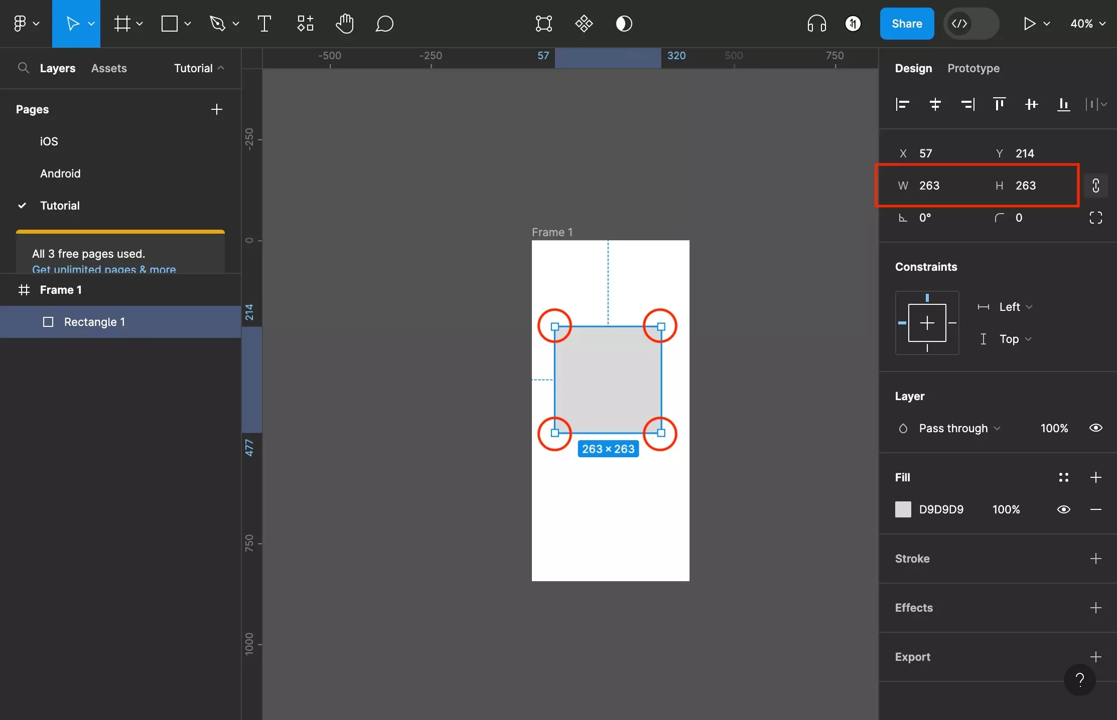A screenshot of Figma that shows you how to resize the shapes dimensions. Highlighted are the handles found on the corners of the rectangle as well as the dimensions inspector on the right side bar.