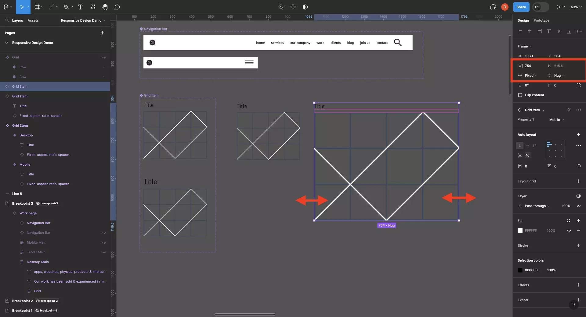 A screenshot of Figma showing that we have created two copies of the component. Each has different sizes and the aspect ratio has been maintained. We have highlighted that in order for the component to do this you must either drag the lateral handles or resize the component and set the vertical resizing to hug.