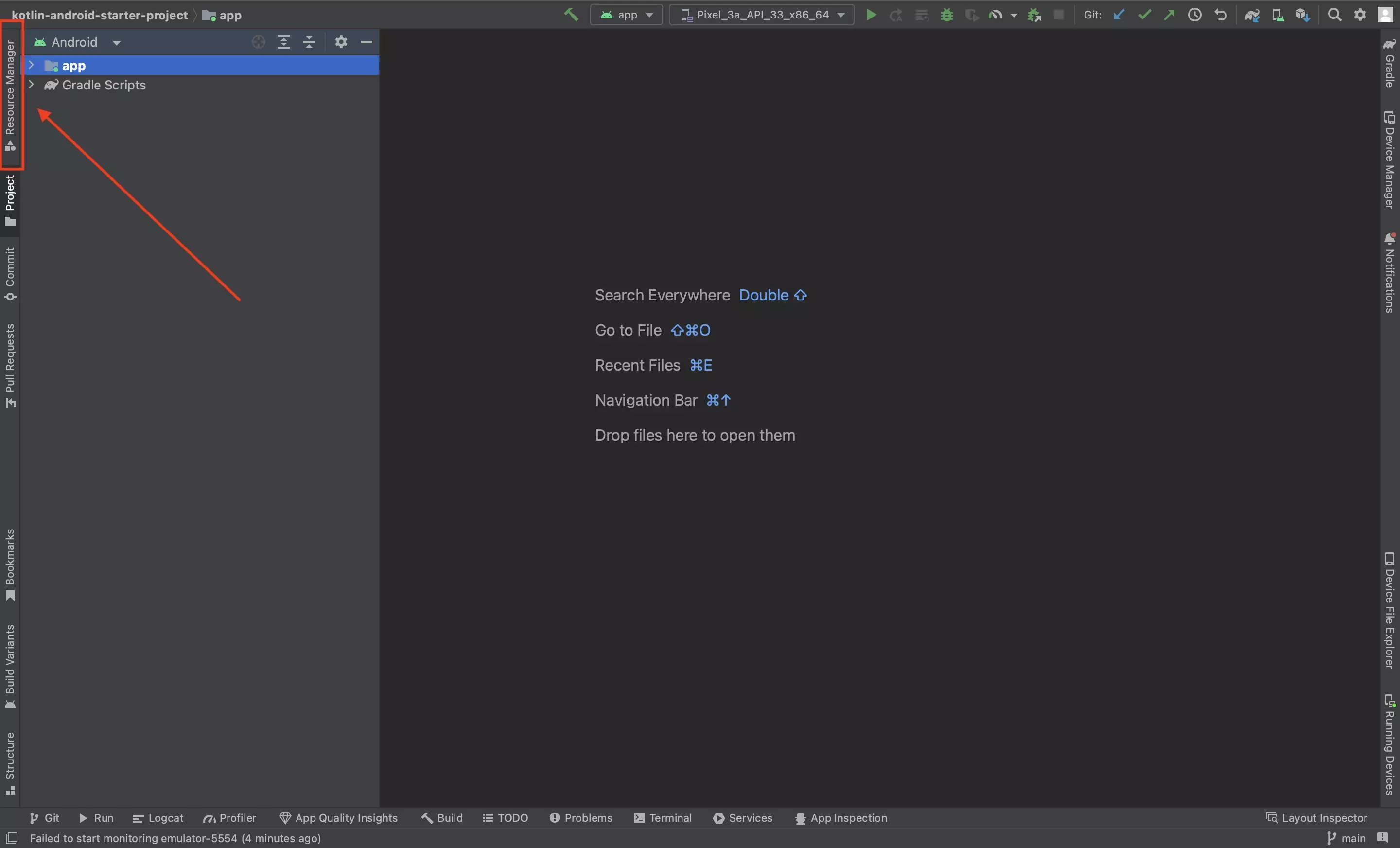 A screenshot of Android Studio showing the location of the Resource Manager tab - which is found on the top left side of Android Studio on a side bar.