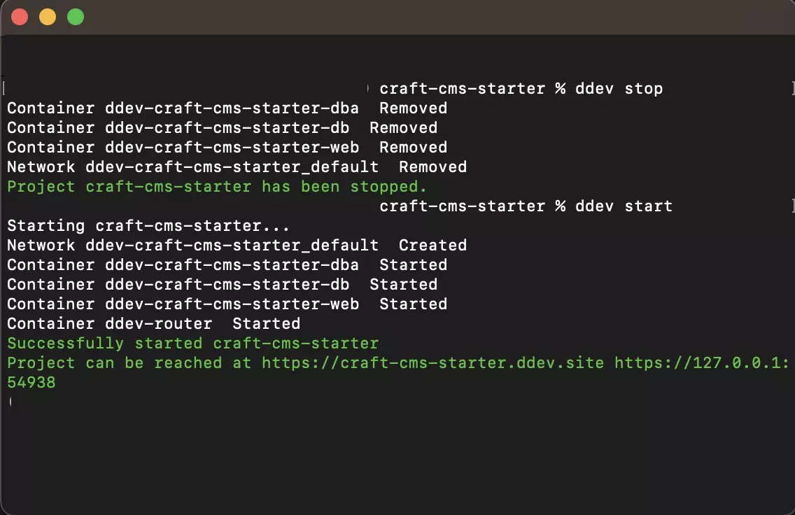A screenshot of Terminal showing you how to restart your server using DDEV.
