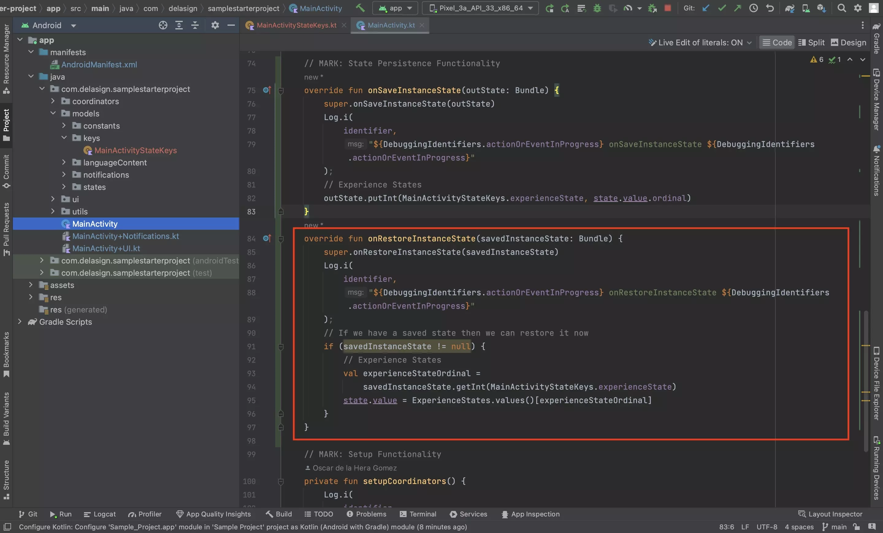 A screenshot of Android Studio showing how to restore states during configuration changes. Code available below.