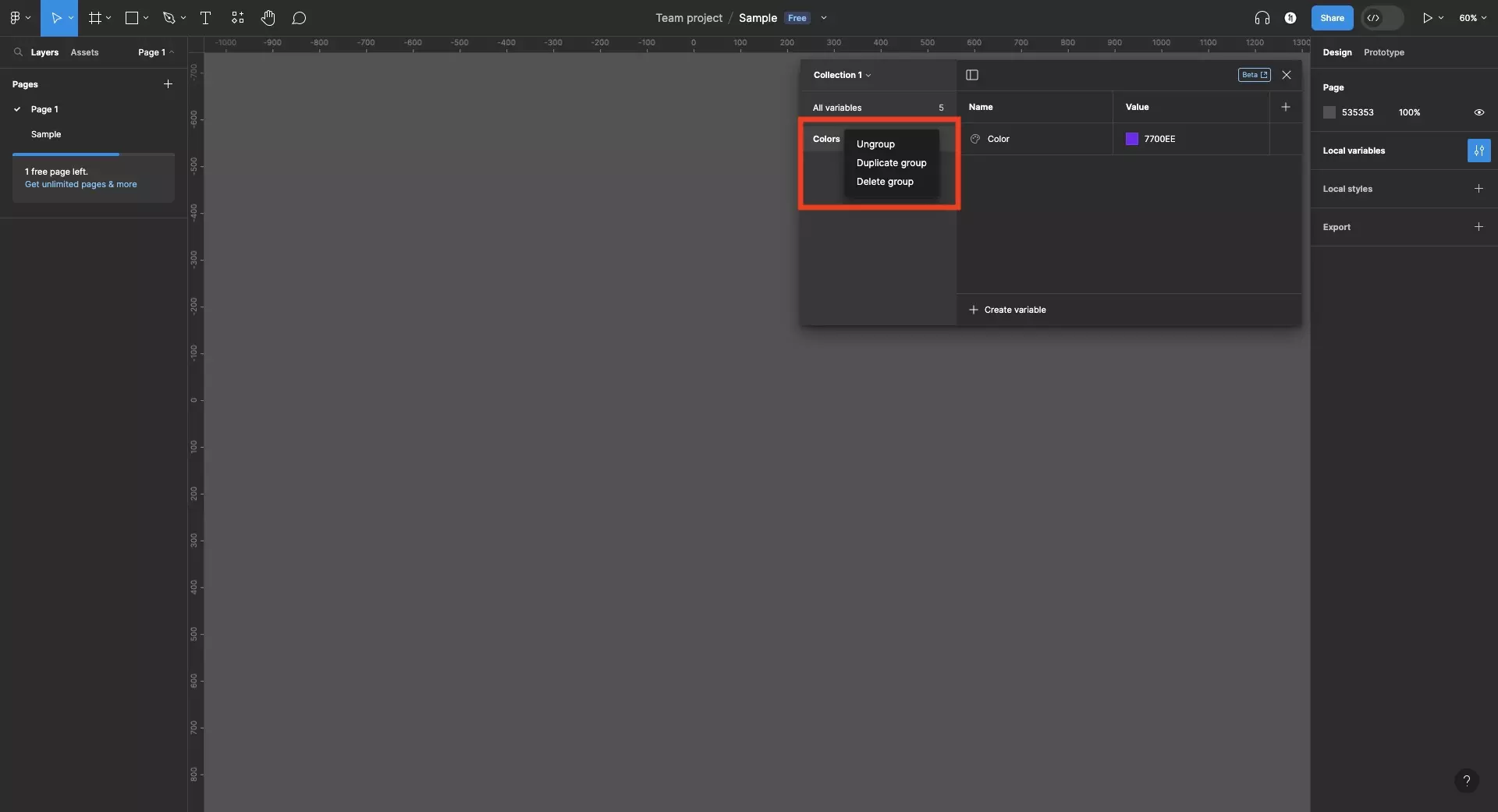 A screenshot of Figma showing the Variable window open, it shows 4 variables with default names. The four variables are a color, number, string and boolean.  They are split across two groups, “all variables” and “colors”. The variable window sidebar is open and the “colors” group is selected and has been right clicked. Highlighted is the menu that appears when you right click a group on the variable window sidebar, which holds the options “Ungroup”, “Duplicate Group” and “Delete Group.” Click the option that you wish to execute.