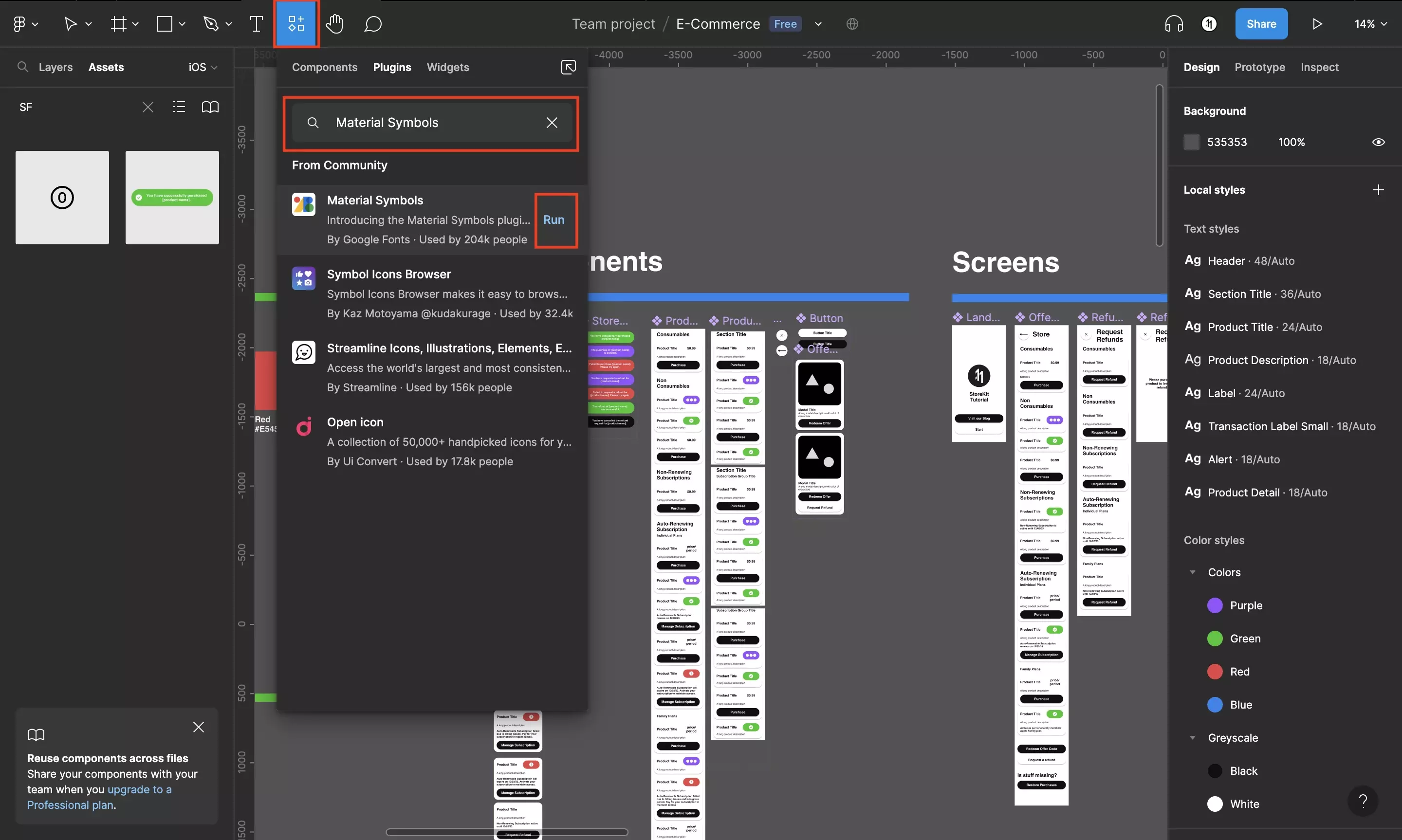 A screenshot of Figma highlighting the Resources tab on the top menu bar. We have also shown the pop up that appears and have inputted "Material Symbols" into the search bar.  The results that appear show the "Material Symbols" plugin as the first option, and we have highlighted the "Run" button that appears when you place your cursor over the menu item, allowing you to open the plugin.