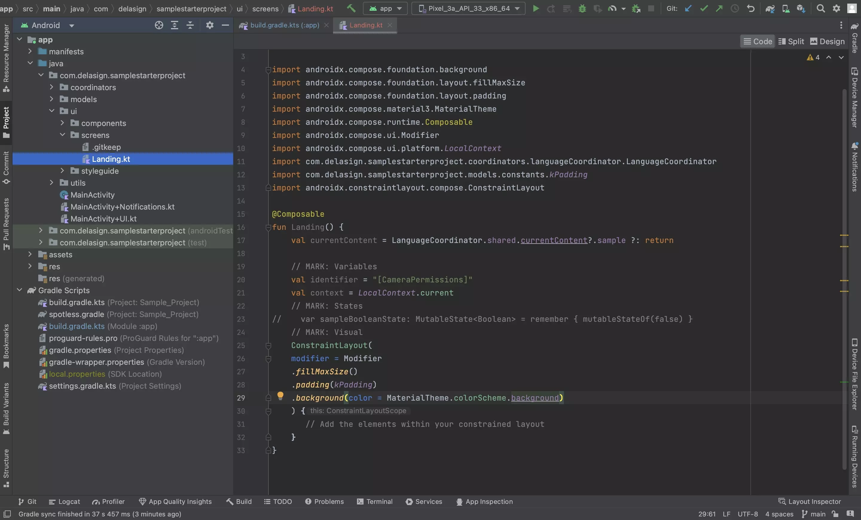 A screenshot of Android Studio showing the sample code provided below.