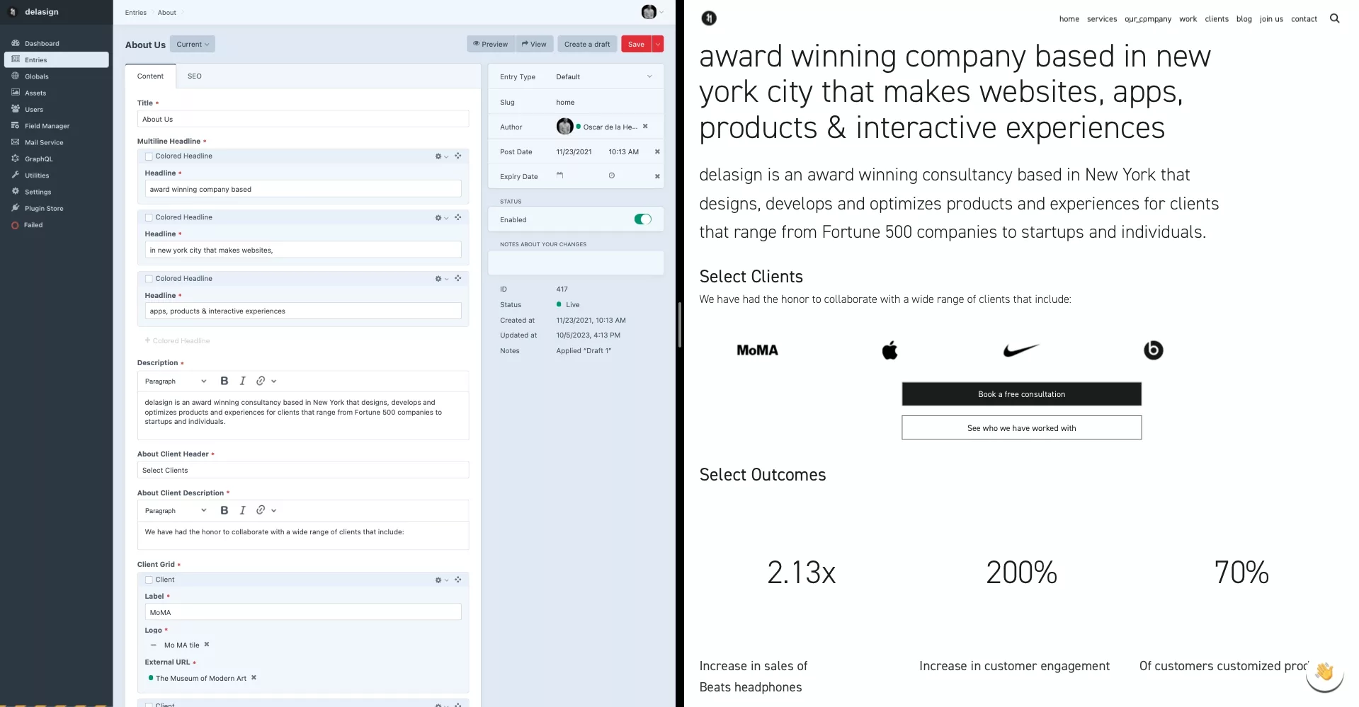 The left half of the image shows the CraftCMS static template for our about page. The right half of the image shows how our web system consumes the content to produce the final output.