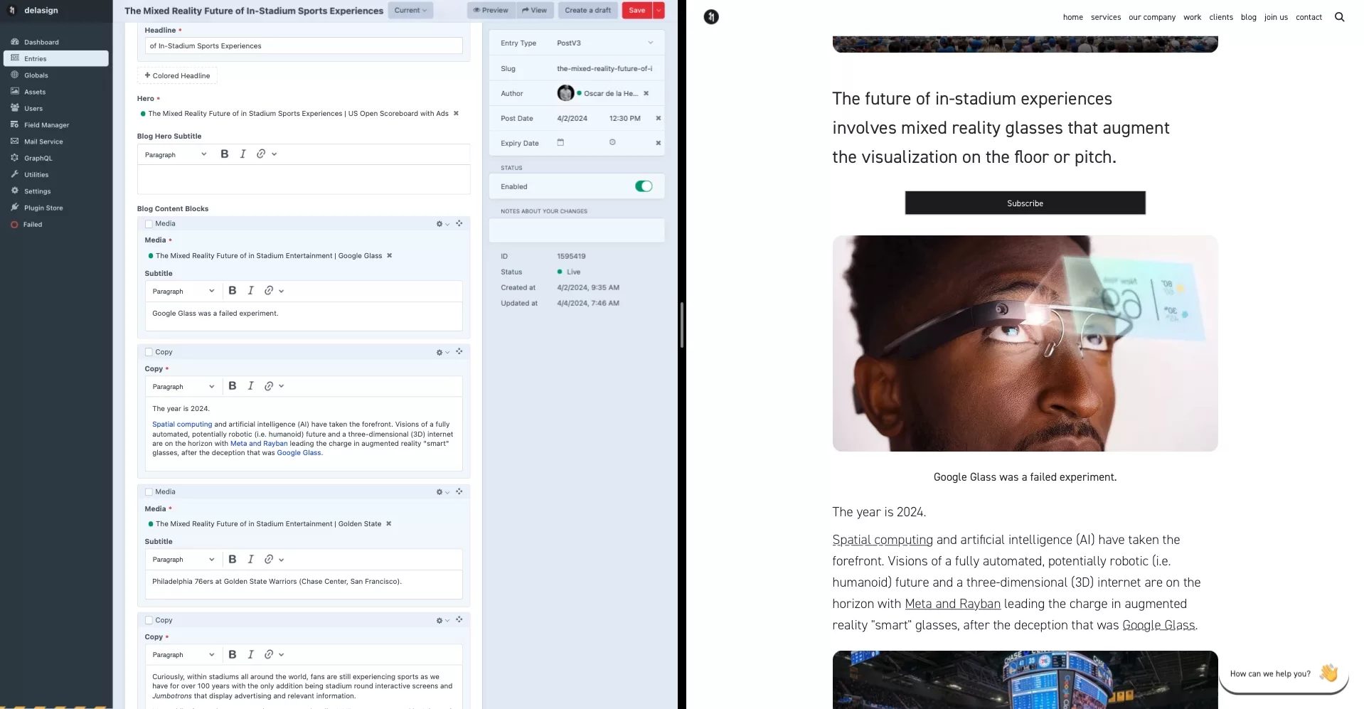 An example of how a dynamic template produces a dynamic webpage. On the left half you can see how a Craft CMS offers content which can be reordered and on the right you can see how that content produces the final outcome.