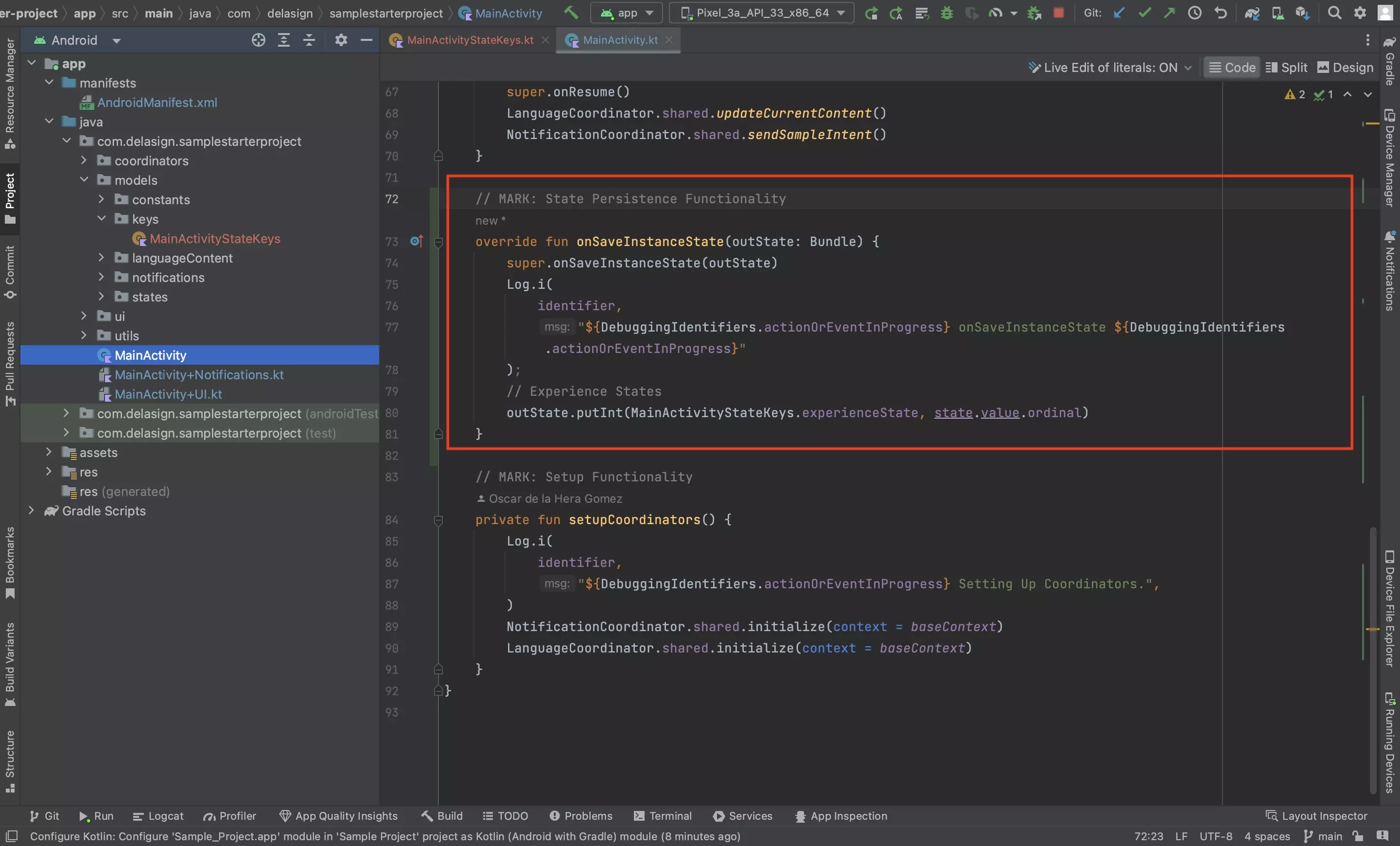 A screenshot of Android Studio showing how to save states during configuration changes. Code available below.