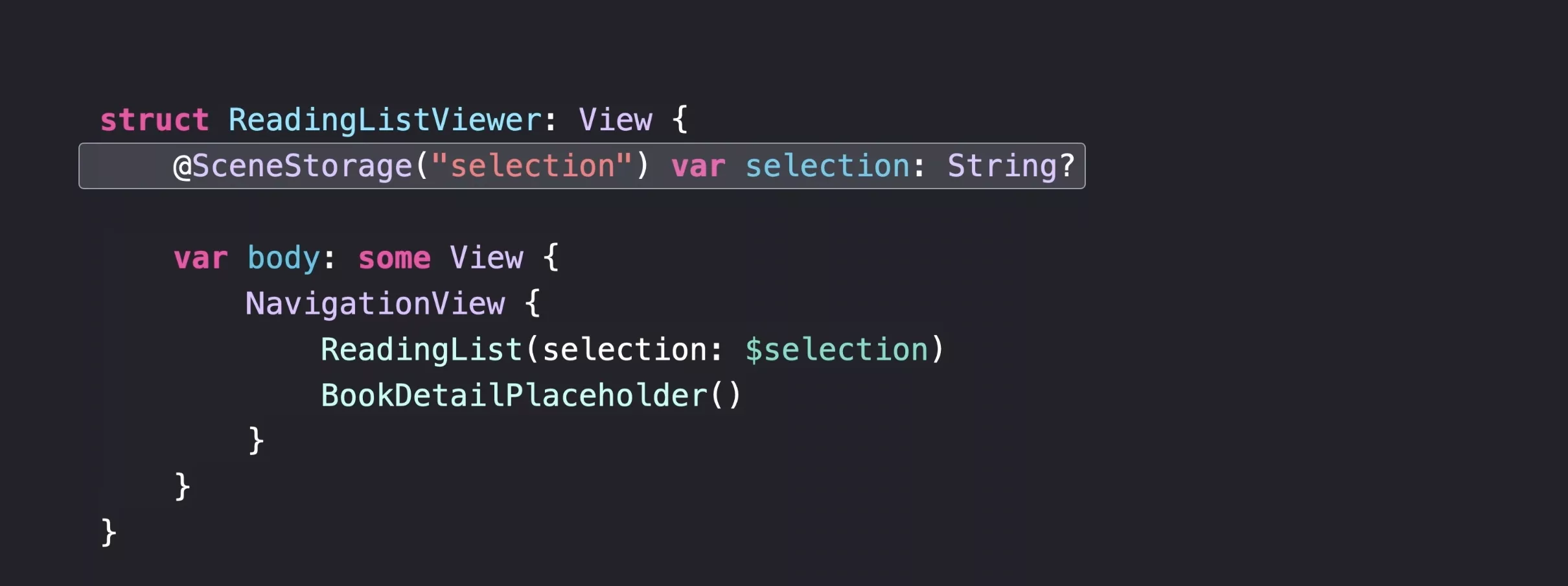 An example use of SceneStorage in a SwiftUI view.