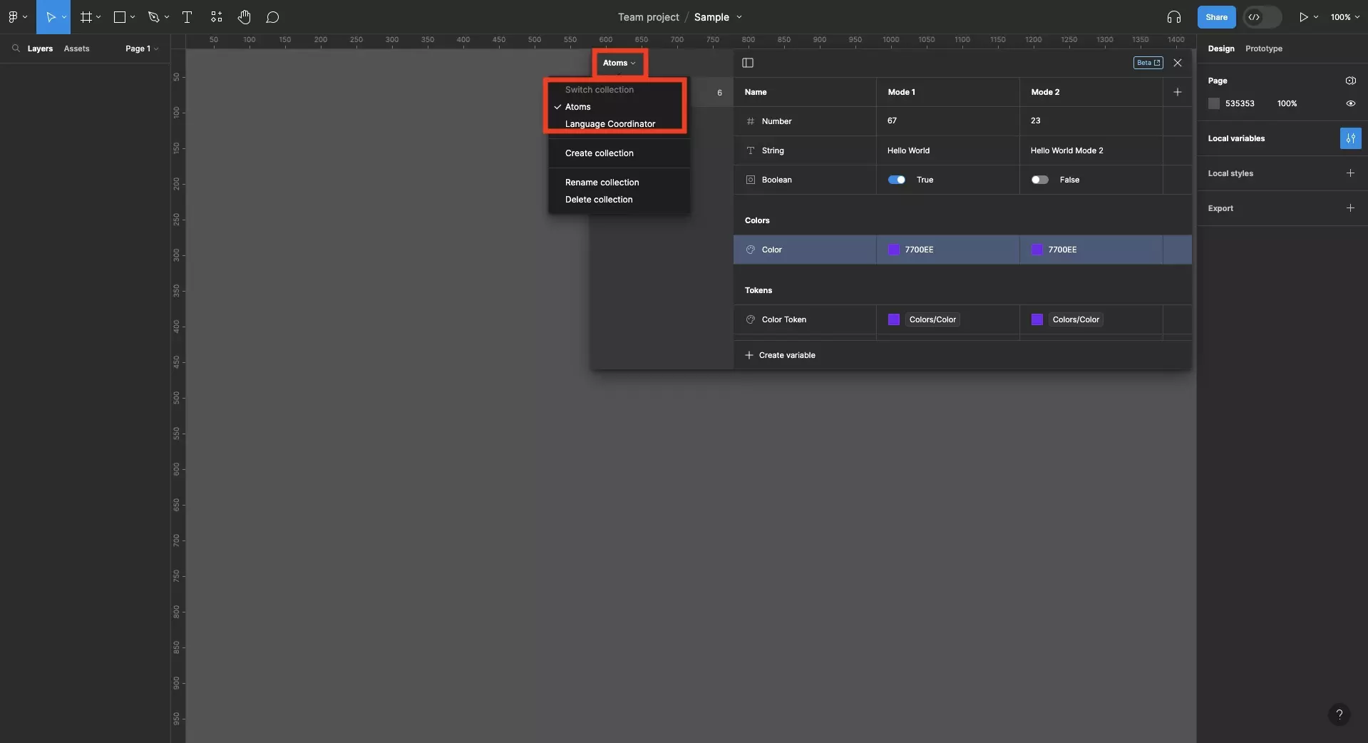 A screenshot of Figma showing the Variables Window open. We have clicked the name of the collection of the top left of the variable window side bar. This opens a menu that allows you to change the selected collection.