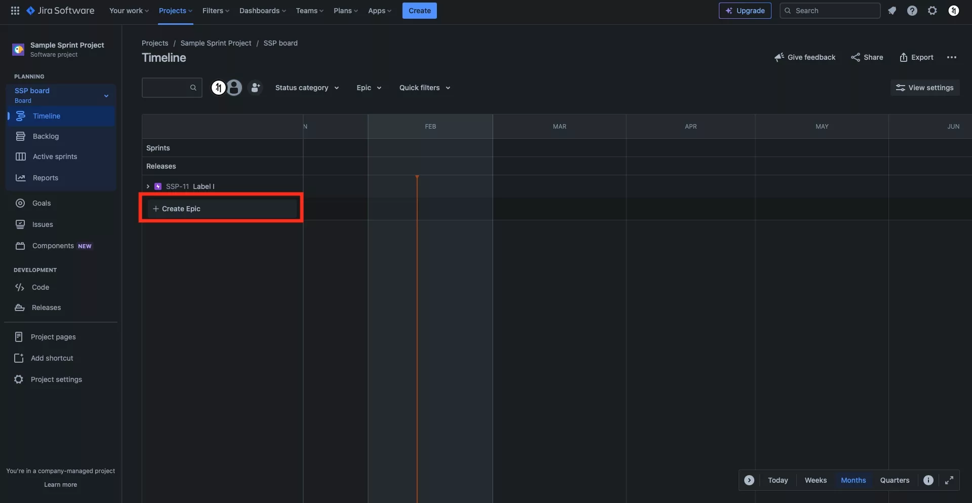 A screenshot of the timeline of a sample JIRA project. Highlighted on the left is a button titled "+ Create Project". Select it.