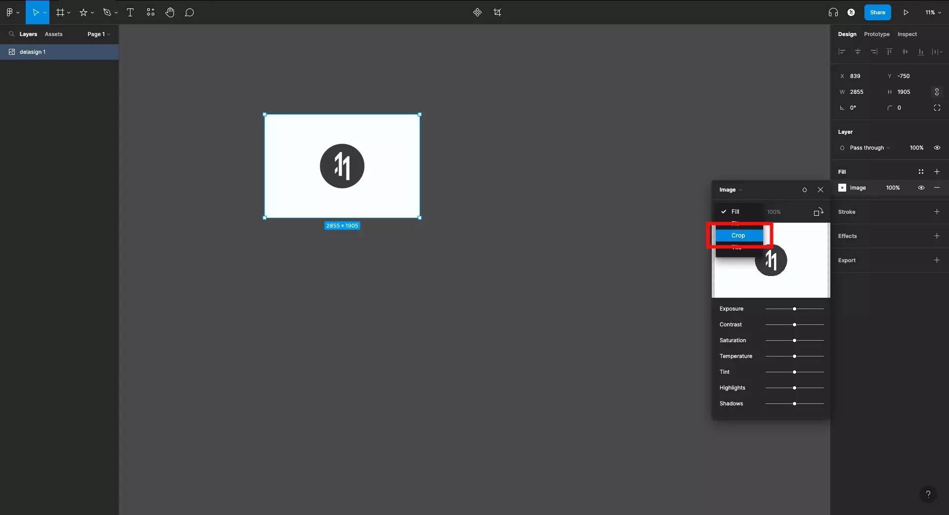 A screenshot of Figma with Crop highlighted in the image pop up menu dropdown which is initially titled fill.