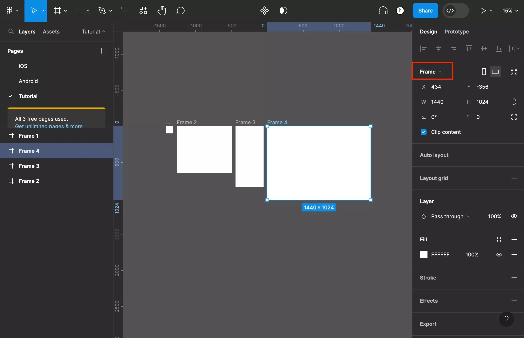 A screenshot of Figma that shows you how to open the Frame preset menu. It is found on the top right of the right side bar in the design inspector.