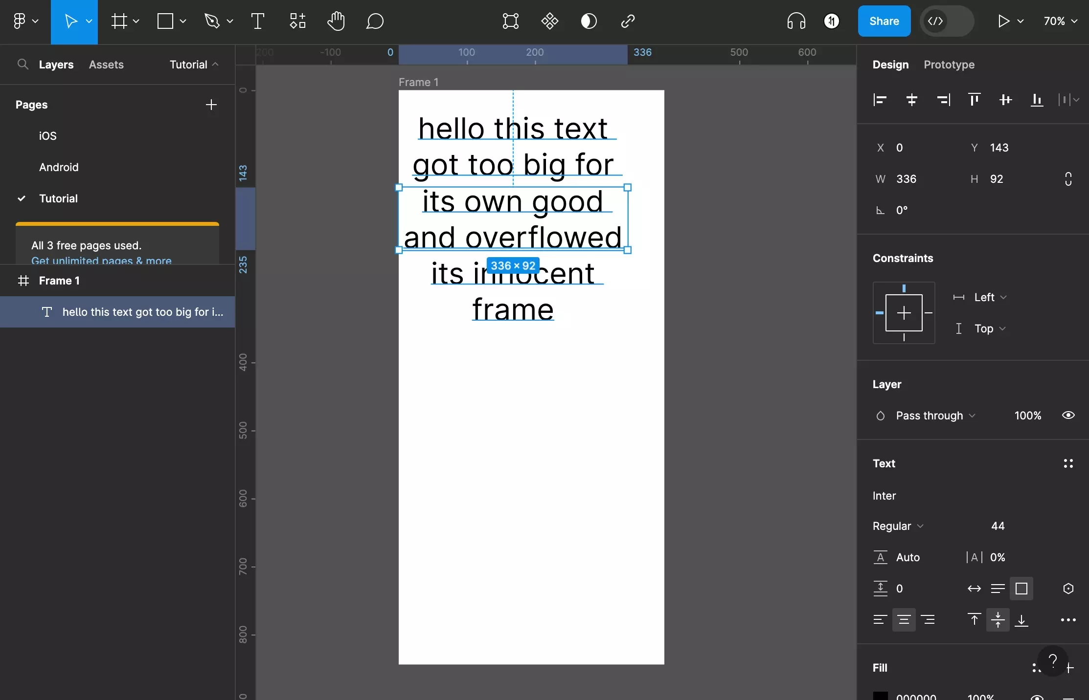 A screenshot of Figma showing a text frame selected. The text within the frame is overflowing the boundaries of the text frame.
