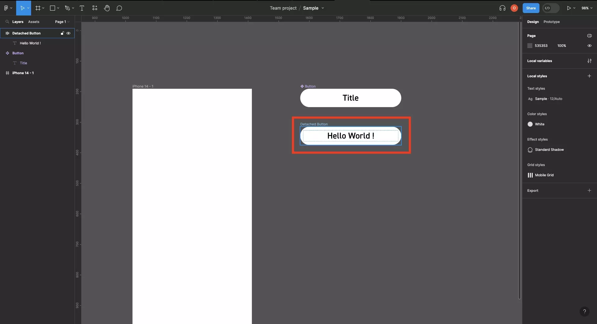 A screenshot of Figma highlighting a frame. Please note that boolean variables can be applied to the layer visibility of any UI element including frames, text, paths, images or videos.