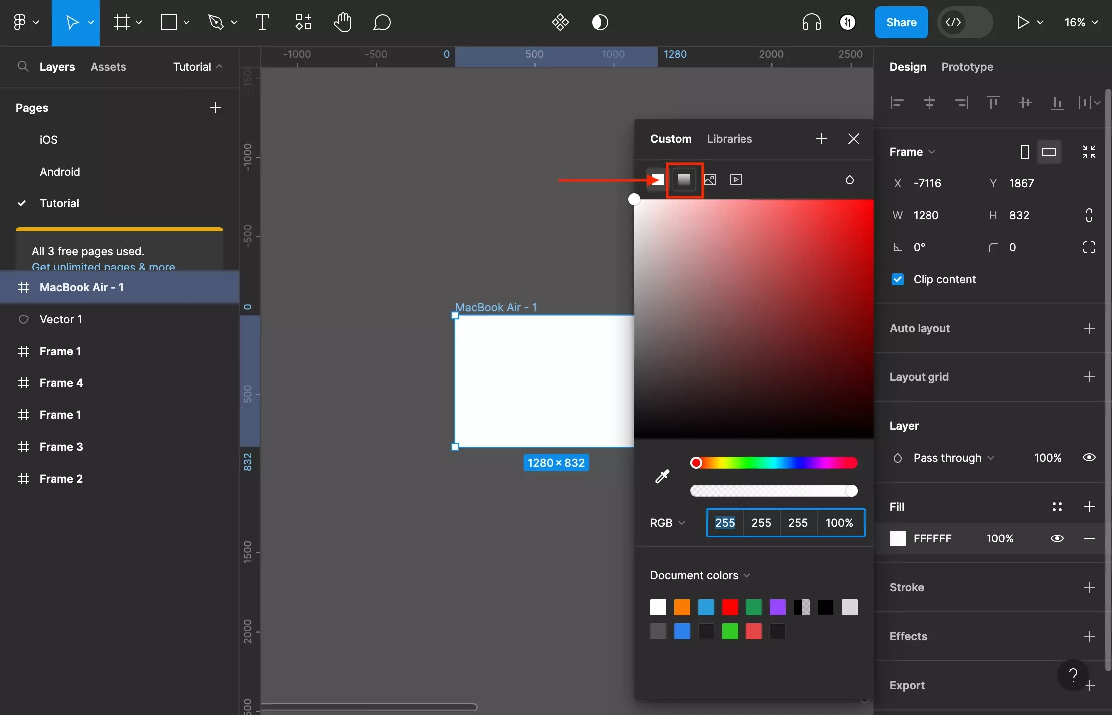 A screenshot of Figma that shows you how to frame that has been selected. The color menu is open and we have highlighted the gradient option. It is found at the top, second from the left.