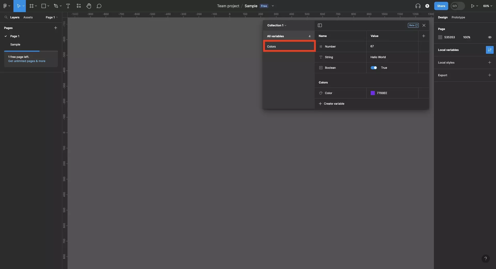 A screenshot of Figma showing the Variable window open, it shows 4 variables with default names. The four variables are a color, number, string and boolean.  They are split across two groups, “all variables” and “colors”. The variable window sidebar is open and we have highlighted the “colors group”. This serves as an indication that you should the group that you wish to add a variable to from the side bar.