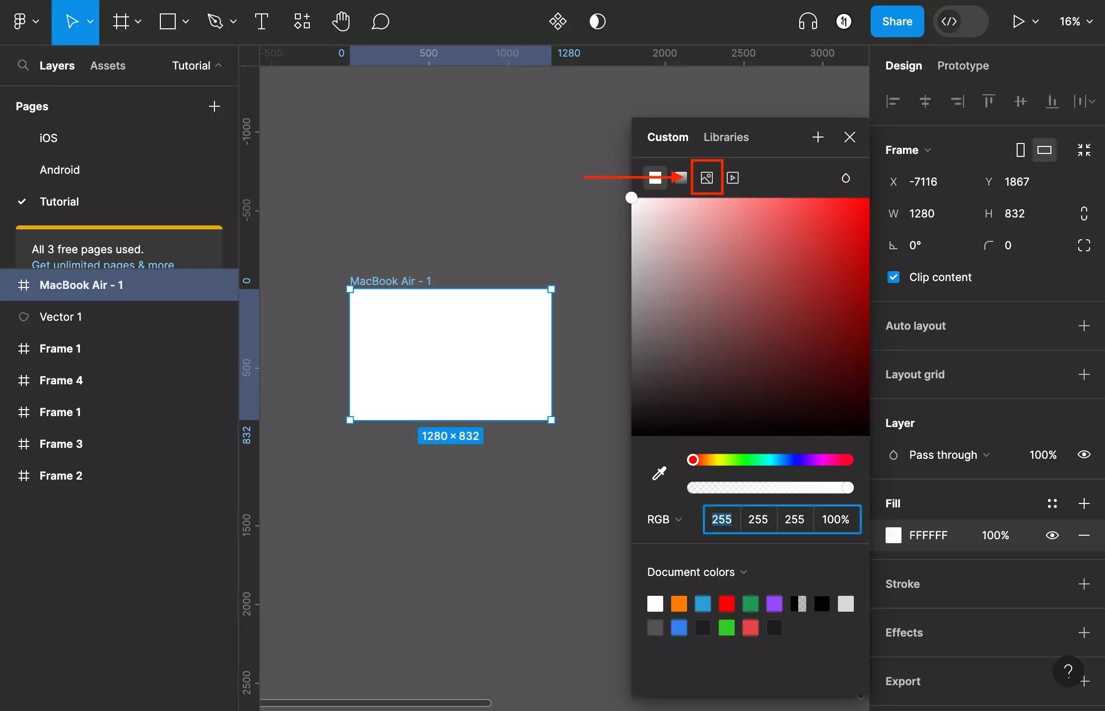 A screenshot of Figma that shows you how to frame that has been selected. The color menu has been opened and we have highlighted the image option within the menu. It is found at the top of the color menu, three items from the left.