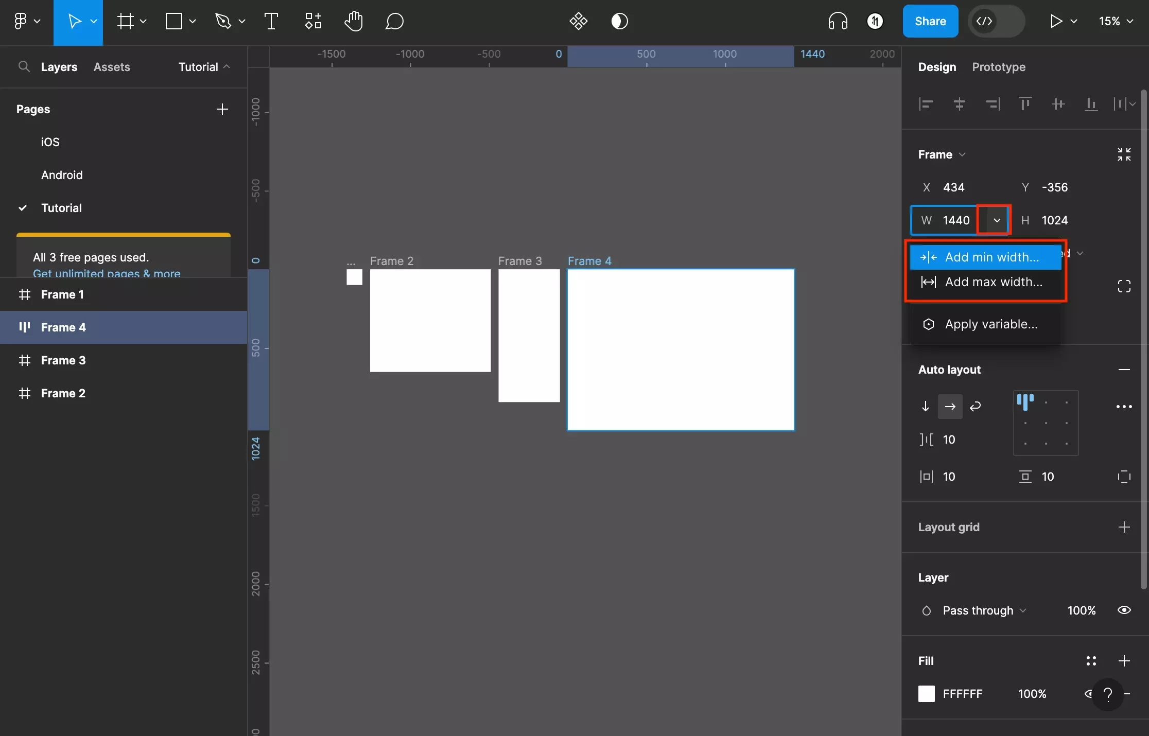 A screenshot of Figma that shows you how to activate the min or max width. The menu is available by pressing the "V" dropdown selector next to the width on the right menu side bar.