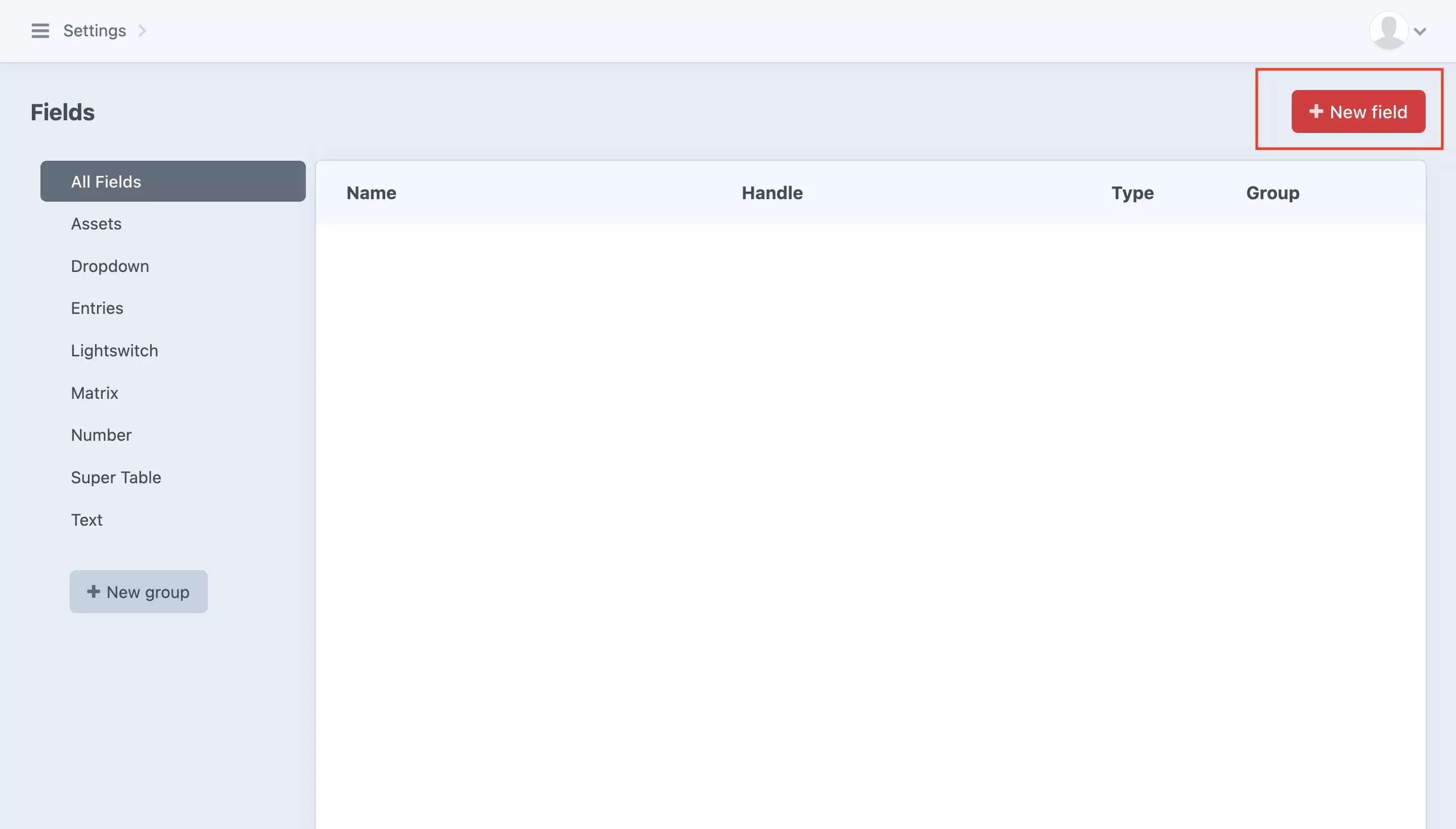 A screenshot of the Fields Craft CMS screen with a highlight on the "+ New field" button on the top right of the screen.