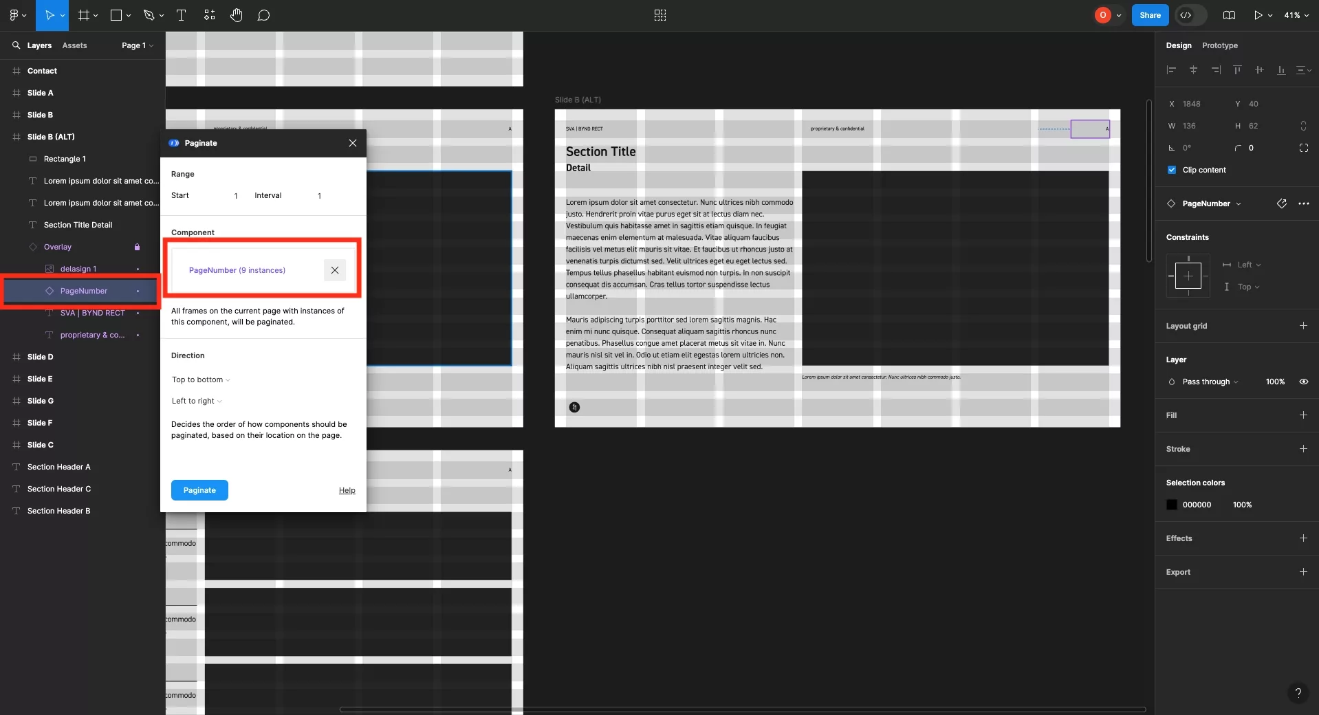 A screenshot of Figma highlighting how we have selected a PageNumber component within our PresentationOverlay component and how it has now appeared under component in the paginate plugin window.