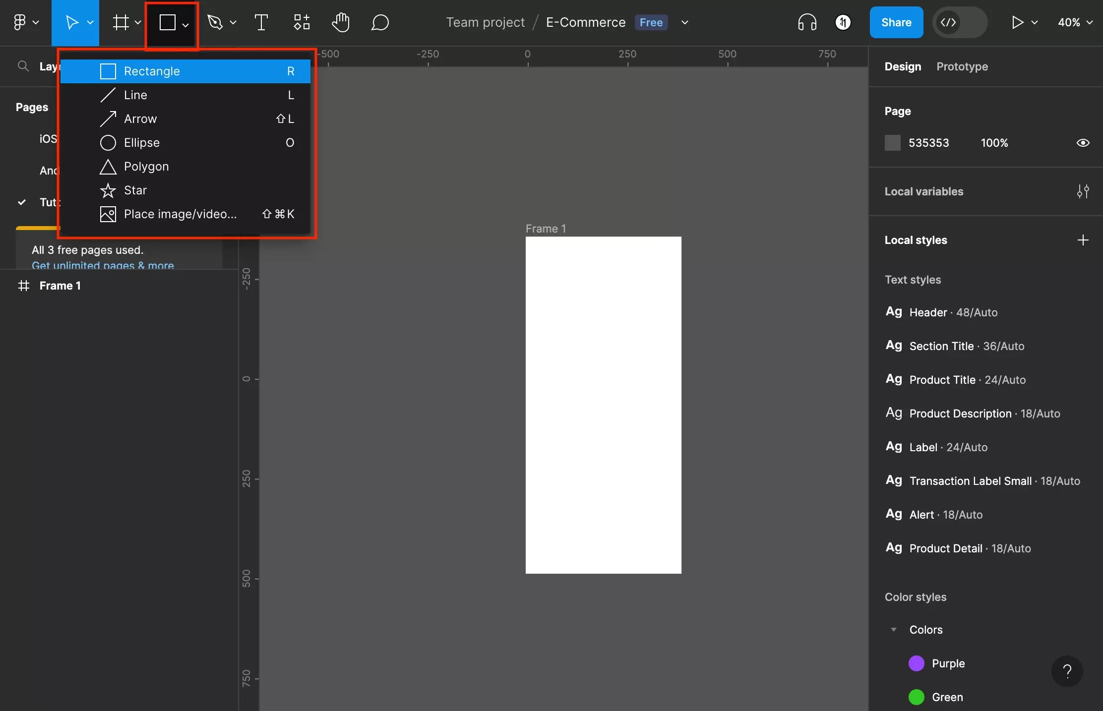 A screenshot of Figma that shows you how to select the shape that you wish to add. The options include Rectangle, Line, Arrow, Ellipse, Polygon and Star.