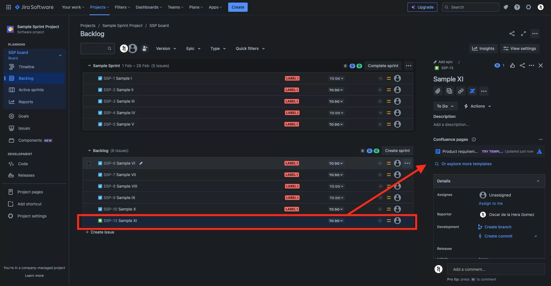 A screenshot of the JIRA backlog highlighting the user story that was just created. An arrow points to the view that appears when you select it that allows you to edit its details.