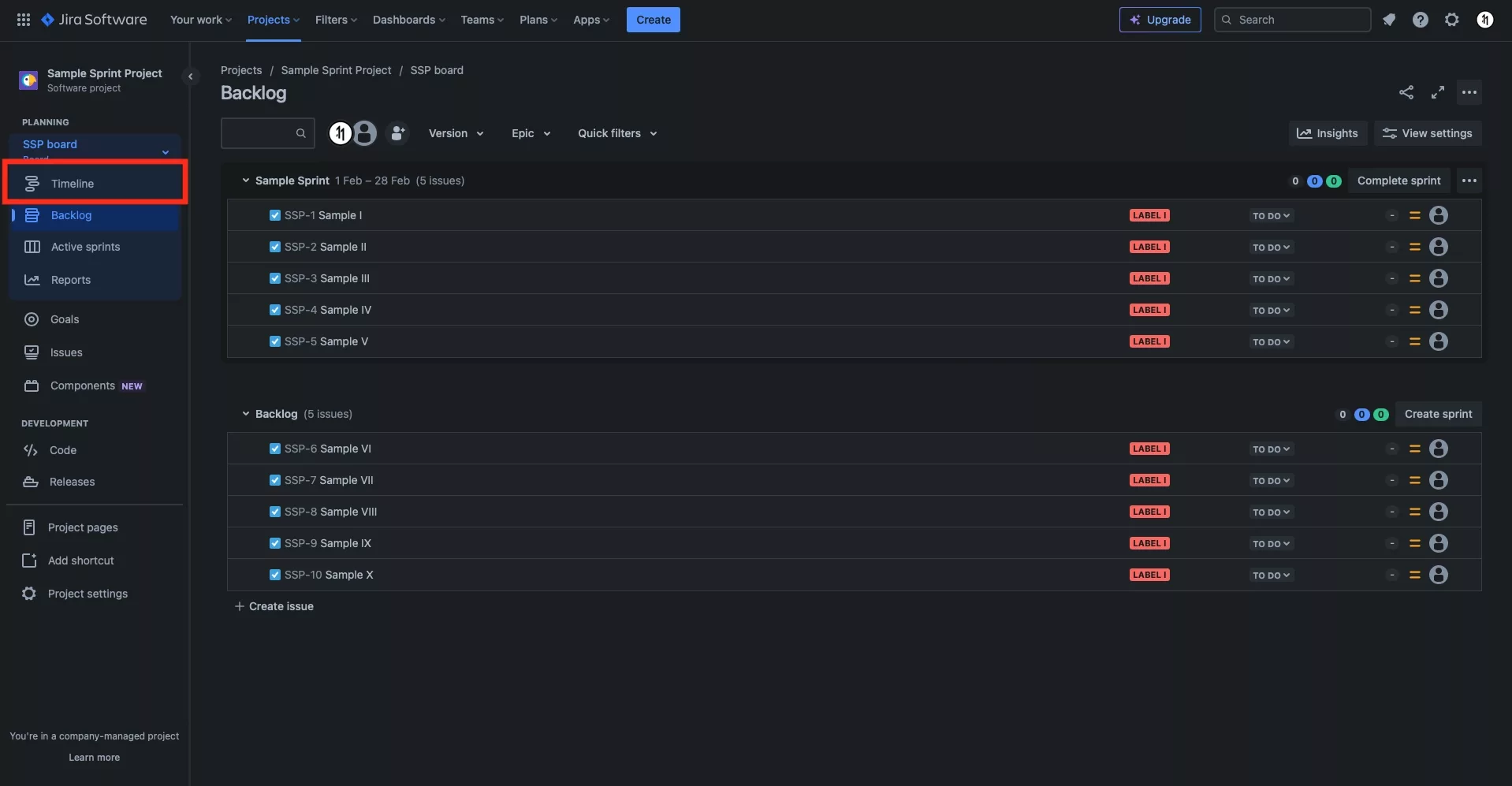 A screenshot of a JIRA project with a highlight on the "Timeline" tab on the left hand side.