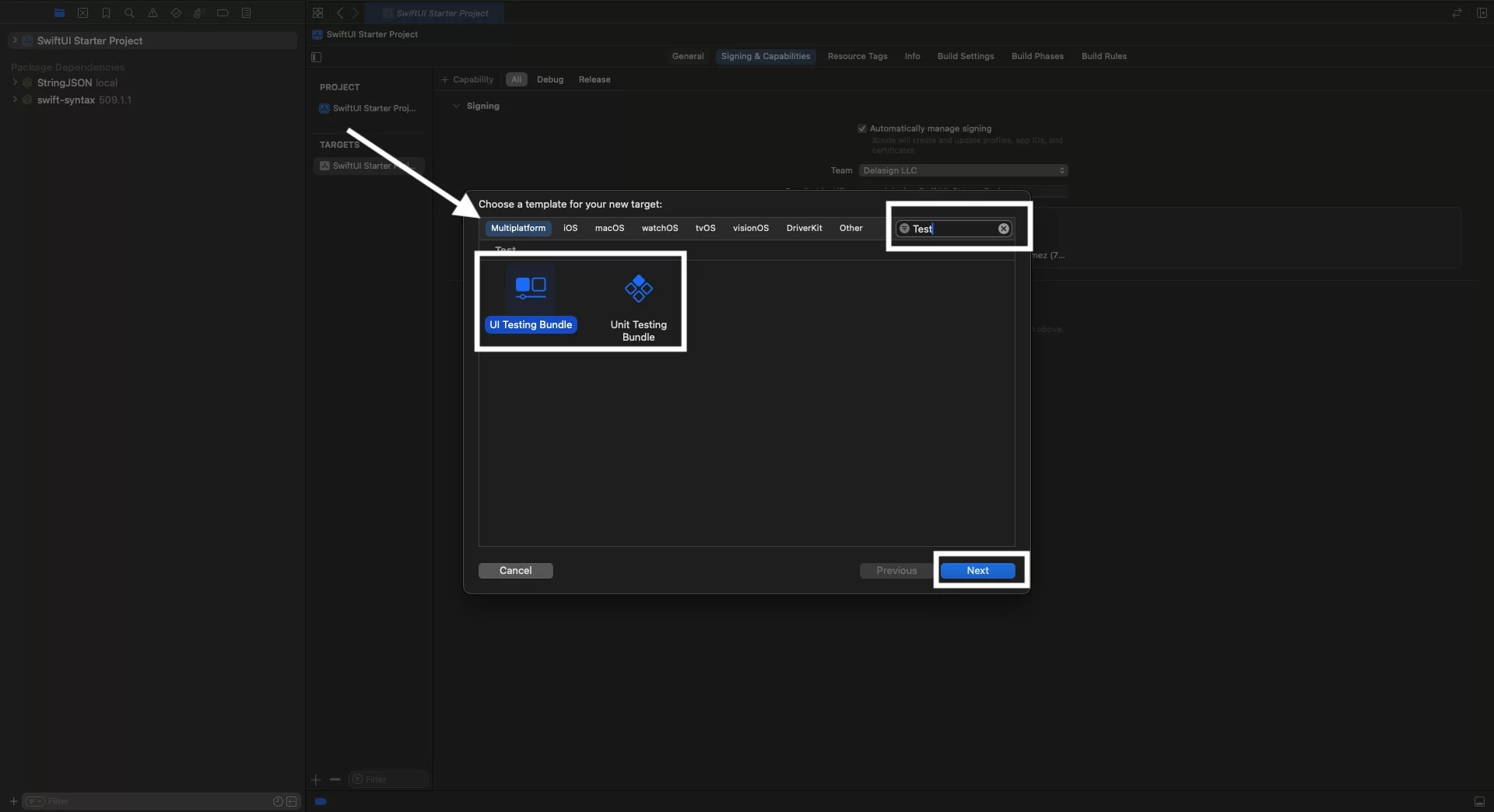 A screenshot of XCode showing the modal that appears when you attempt to add a new target. Highlighted are how we have selected the "Multiplatform" tab, how we have searched for "tests", the UI Testing Bundle and the Unit Testing Bundle, as well as the next button on the bottom right.