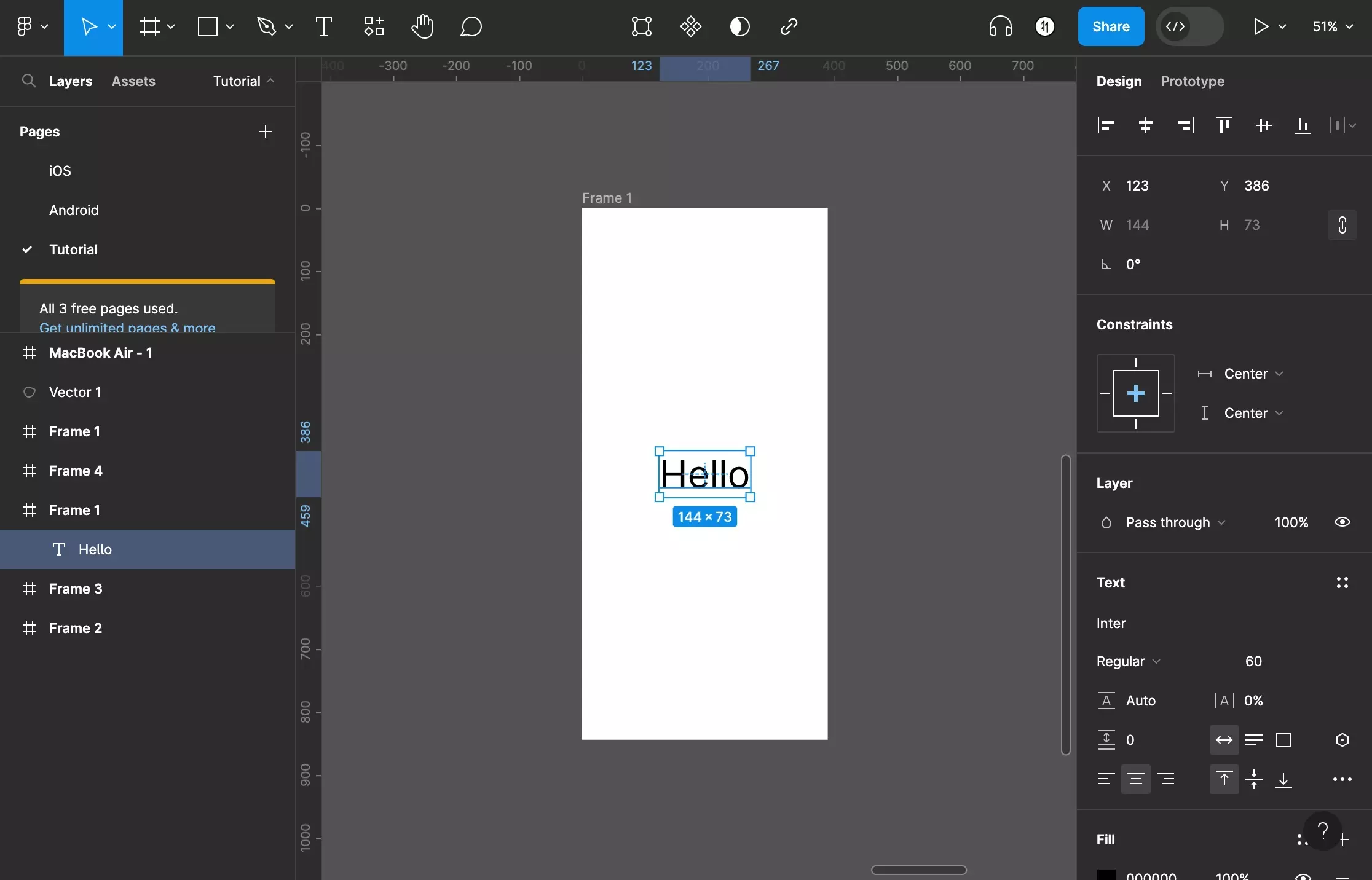 A screenshot of Figma that shows you a frame with text on it. The text is selected.