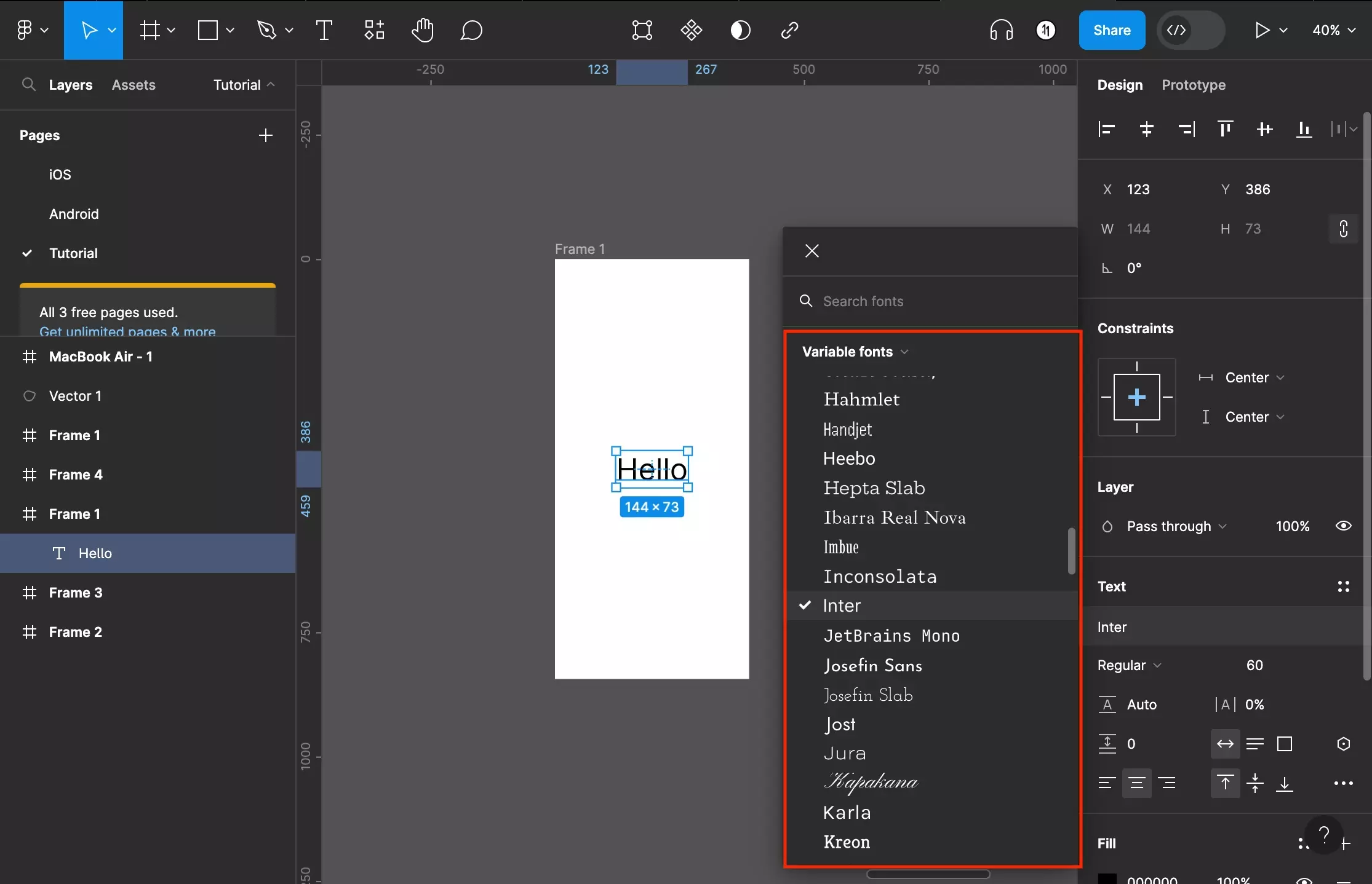 A screenshot of Figma that shows you a frame with text on it. The typeface dropdown is open and has been filtered to only show variable fonts. Highlighted below it are the variable fonts that you can pick from.