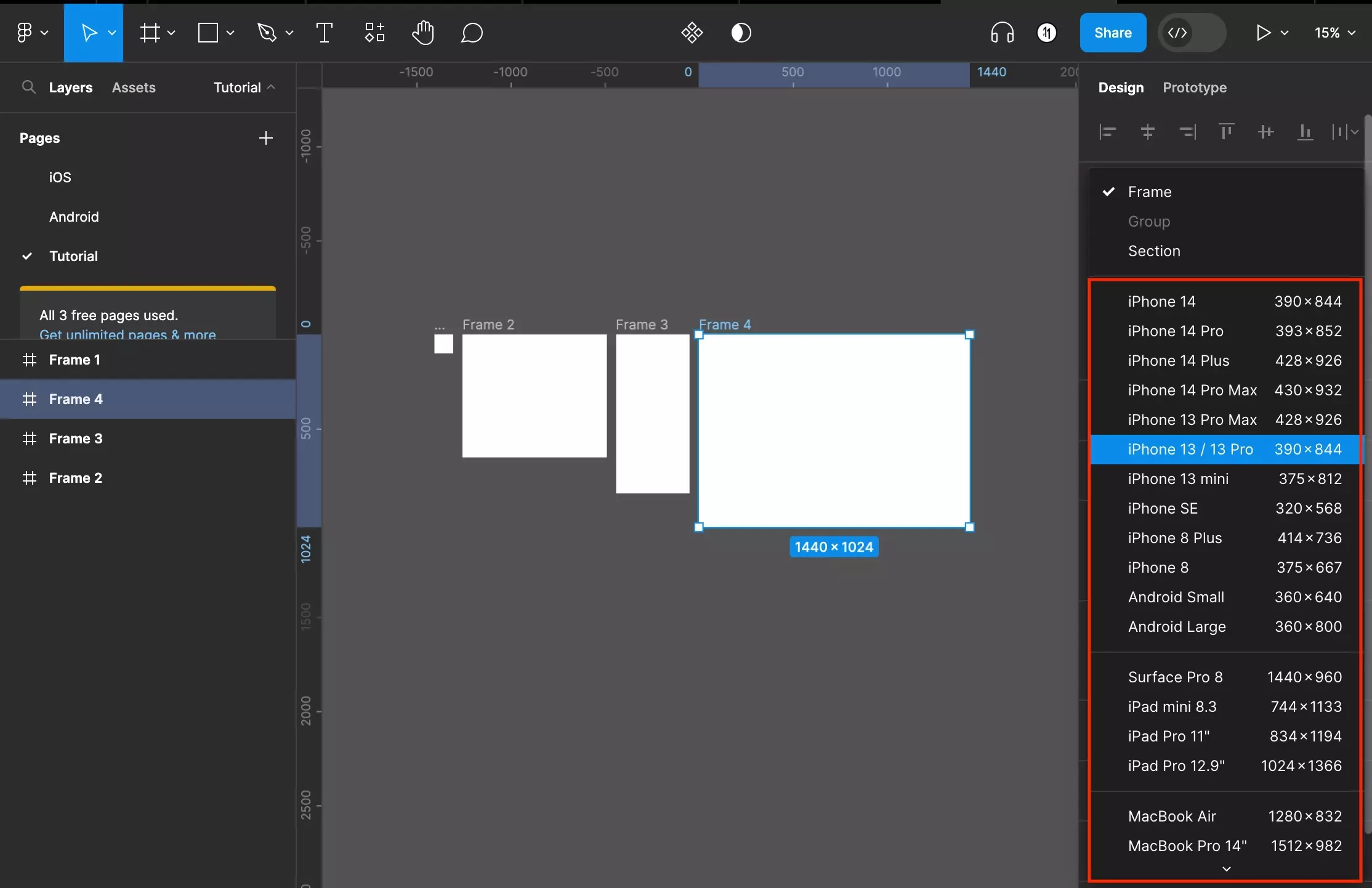 A screenshot of Figma showing the frames menu. It holds preset dimensions for Phones, Tablets, Desktop, Presentation, Watch, Paper, Social Media, Figma Community or Archive.