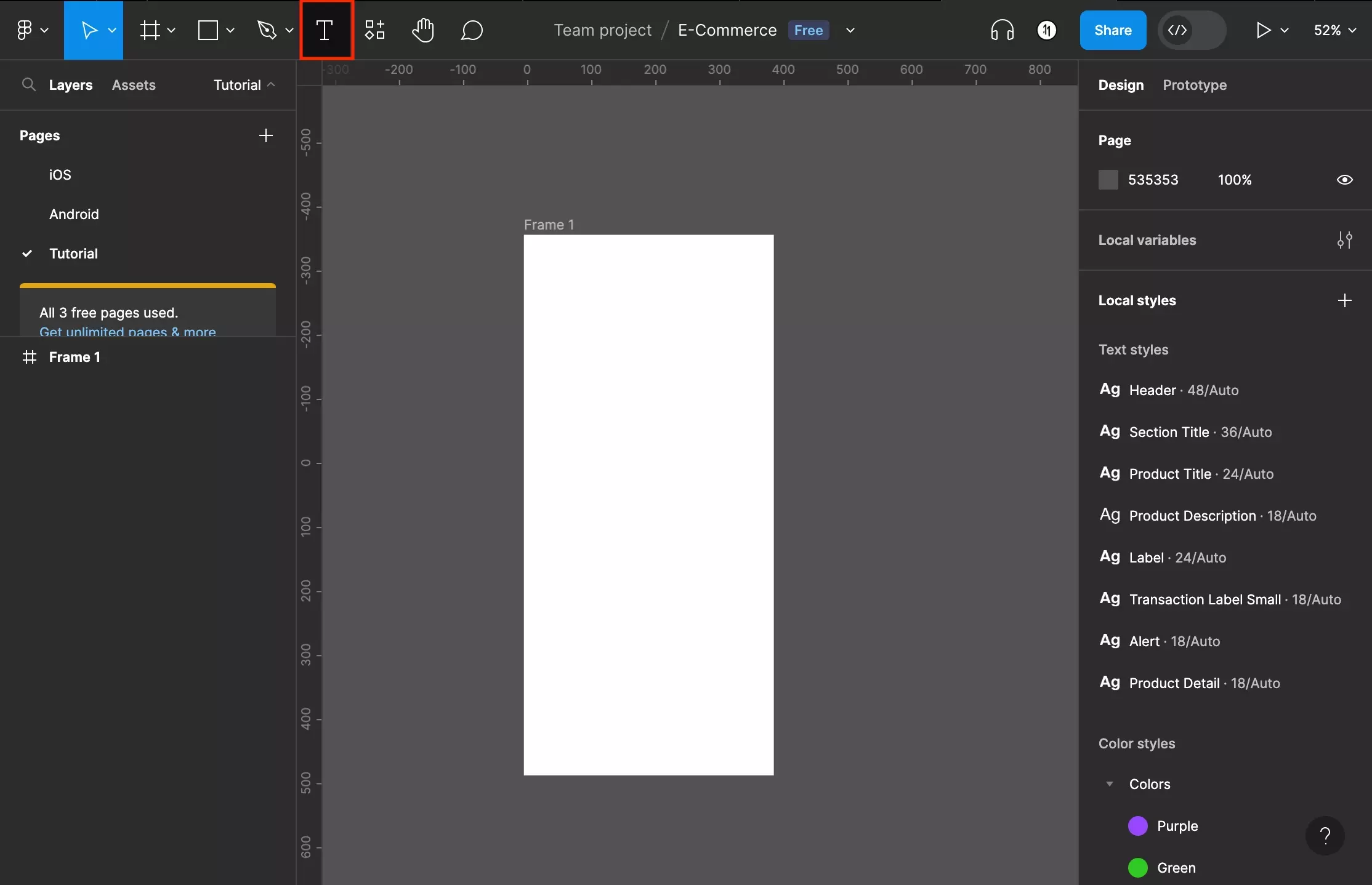 A screenshot of Figma that shows you how to select the Text Tool. Highlighted on the top toolbar is the "T" icon. Press it to activate the text tool.