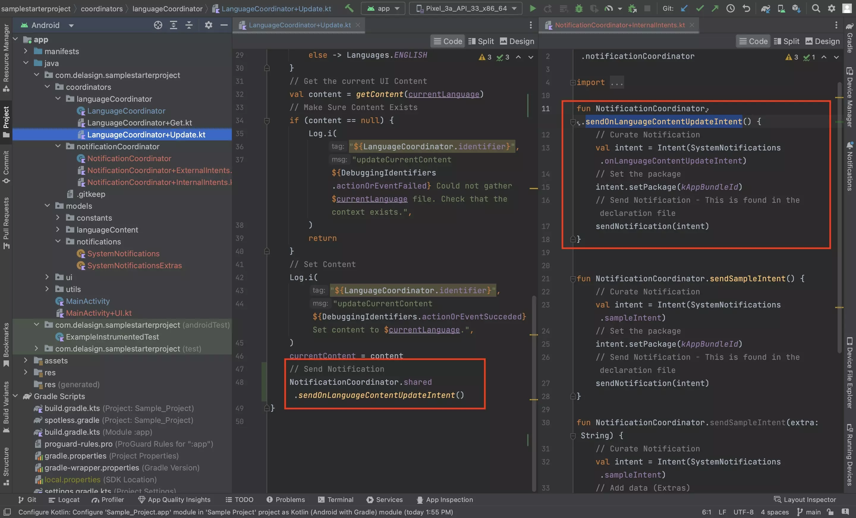 A screenshot of Android Studio showing how we created the sendOnLanguageUpdateIntent  function in the NotificationCoordinator and sent it from the Language Coordinator.