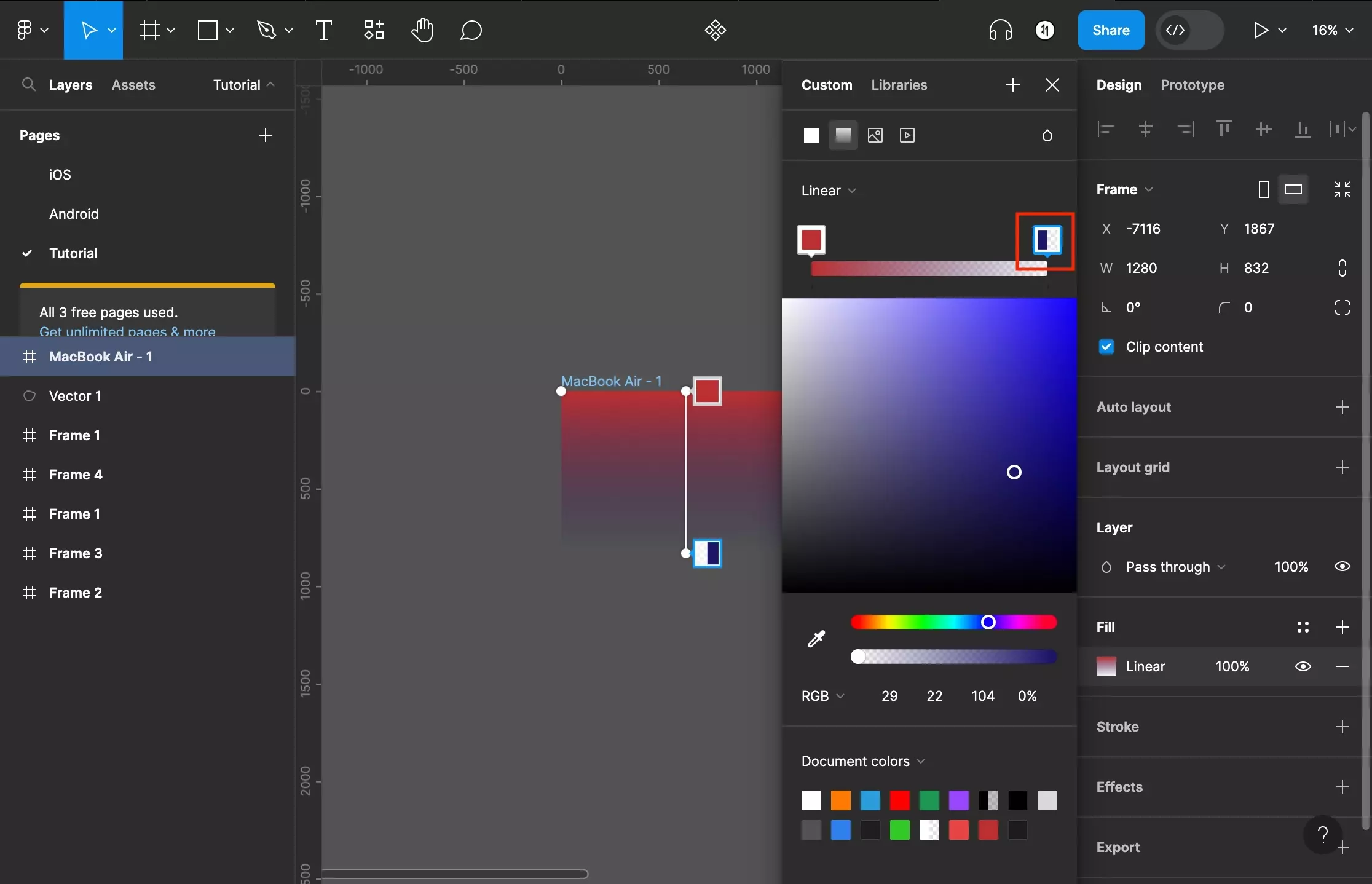 A screenshot of Figma that shows you how to frame that has been selected. The color menu is open and we have highlighted the second of the gradient colors at the top. Click a color and change the color value. Click and drag it to change the position of that color.