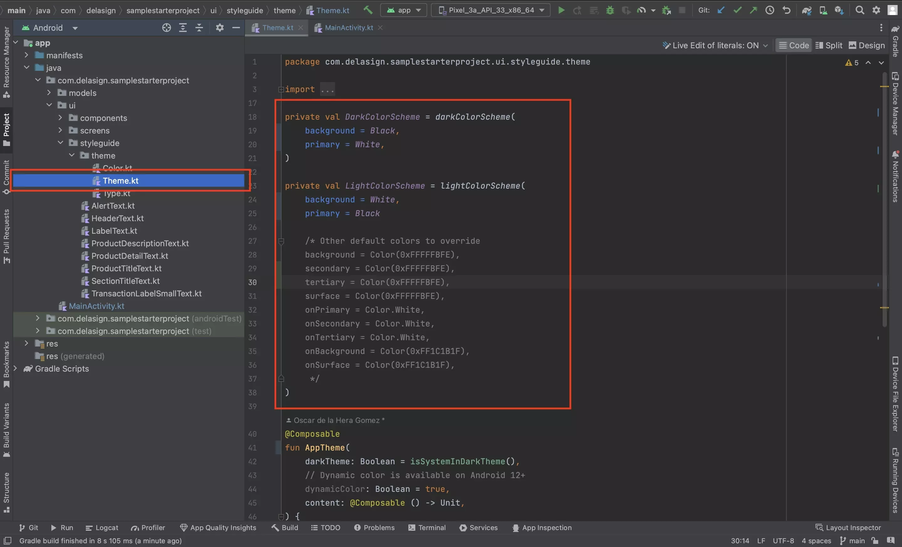 A screenshot of Android Studio showing the Theme.kt file. Highlighted is the area where you set the colors for the light mode and dark mode.