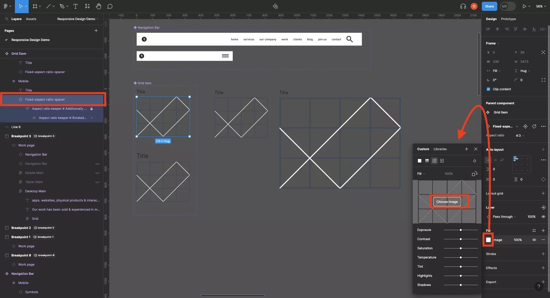 A screenshot of Figma with a component that maintains the aspect ratio selected. We have highlighted that if you press the square under fill with a component selected a window will appear where you can change the image of the component by clicking change image. This window will also allow you to set a video.