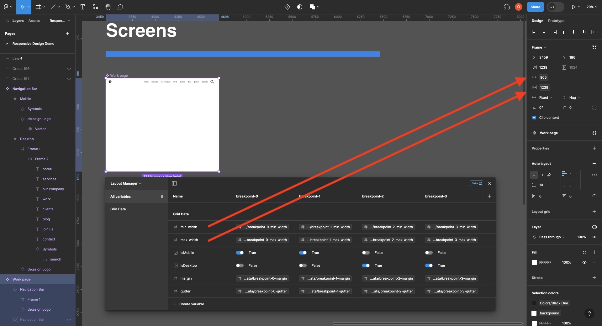 A screenshot of Figma that shows a component titled "work page." The variable window is open and we have highlighted how a token called "min-width" and "max-width" have been applied to the "Work Page" minimum width and maximum width properties. These tokens have four modes to match the four breakpoints that are available in a professional account. We recommend that you use 5 if you have access to an enterprise account.