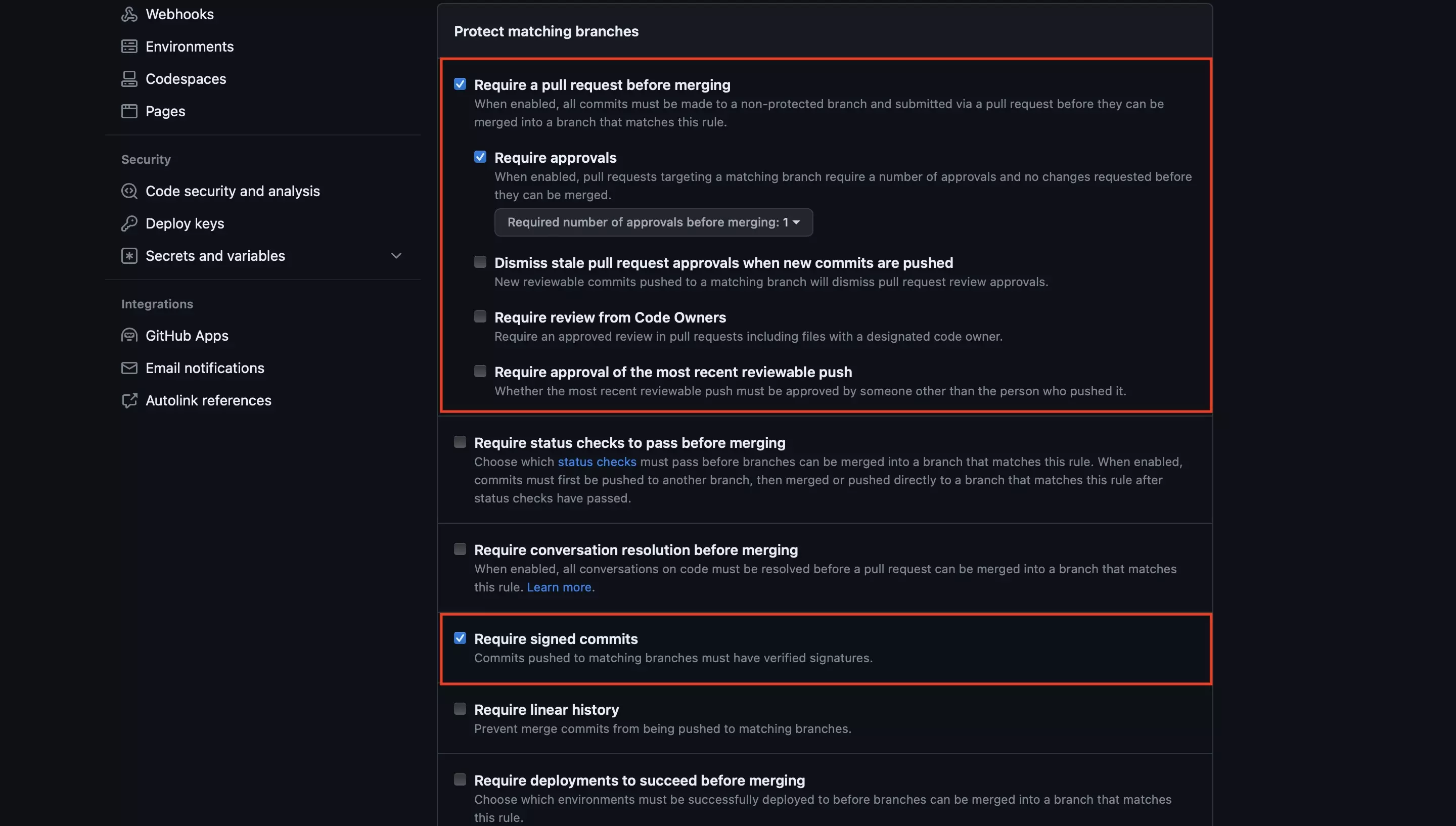 A screenshot of Github showing the page that allows you to create branch protection rules. We have highlighted two options which must be checked off: “Require a pull request before merging” and “Require Signed Commits.”