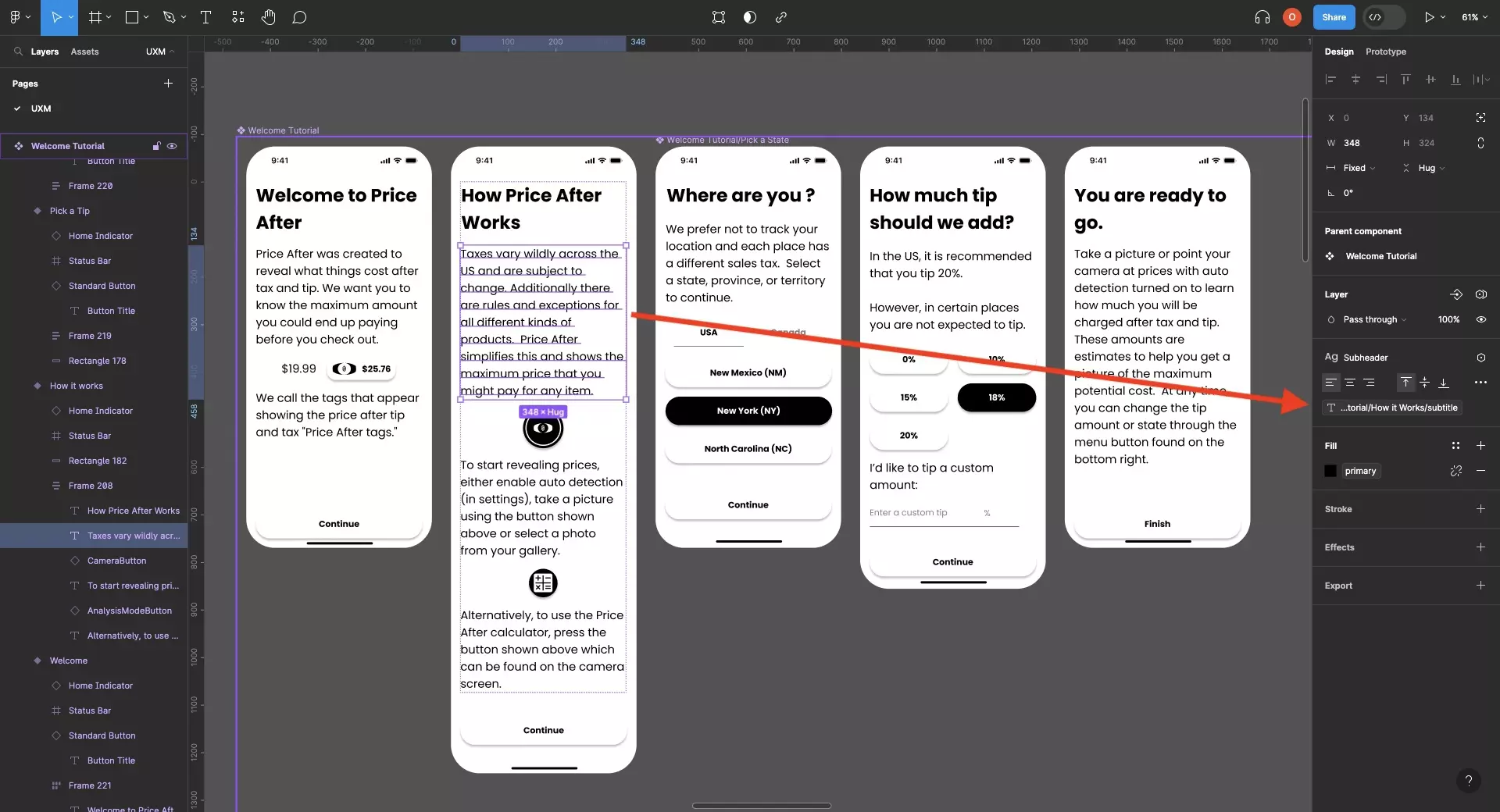 A screenshot of Figma showing how we set a text variable to a text element.