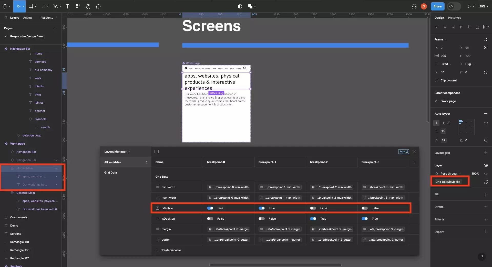 A screenshot of Figma showing how we have selected a layout that is currently hidden. We have also highlighted the isMobile boolean variable in the variables window. The variable is set to hidden on breakpoints 2 and 3 and the design file is currently set to breakpoint 2 - demonstrating that we have correctly set the visibility for the mobile layout.