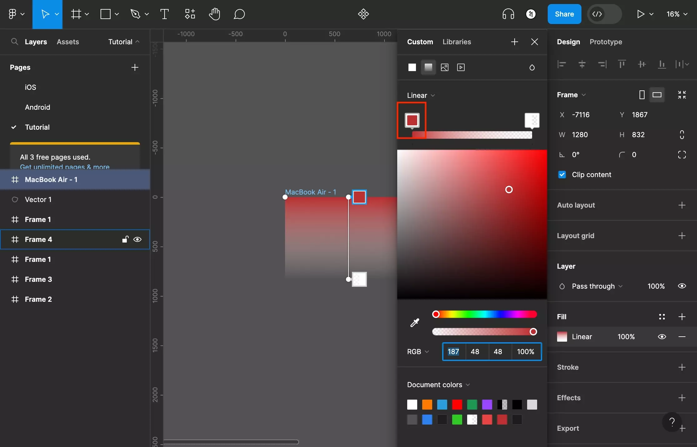 A screenshot of Figma that shows you how to frame that has been selected. The color menu is open and we have highlighted one of the gradient colors at the top. Click a color and change the color value. Click and drag it to change the position of that color.