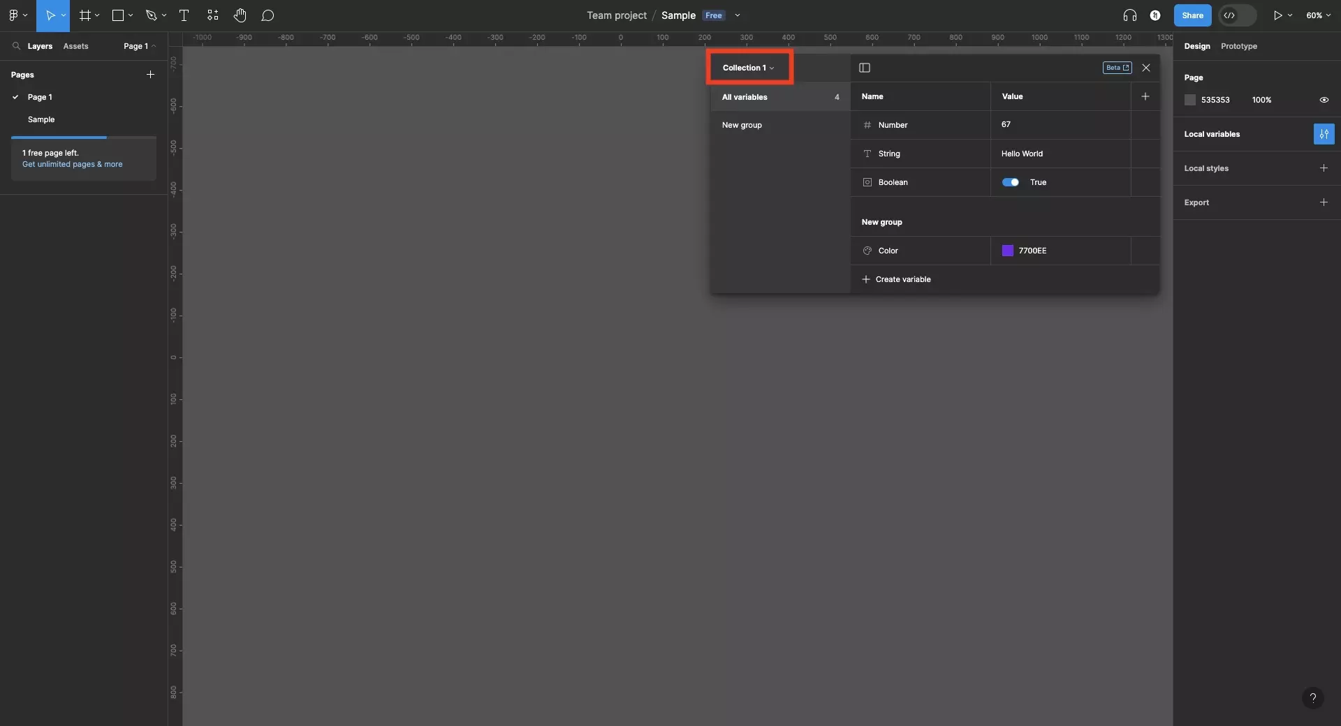 A screenshot of Figma showing the Variable window open, it shows 4 variables with default names. The four variables are a color, number, string and boolean.  They are split across two groups, “all variables” and “new group”. The variable window sidebar is open and we have highlighted the collection selector on the top left of the side bar. Click it to open a dropdown that allows you to select, create, delete or modify the existing collection. In this dropdown. Select the collection that holds the group you want to rename. Please note that another collection will only appear if you have already created one.