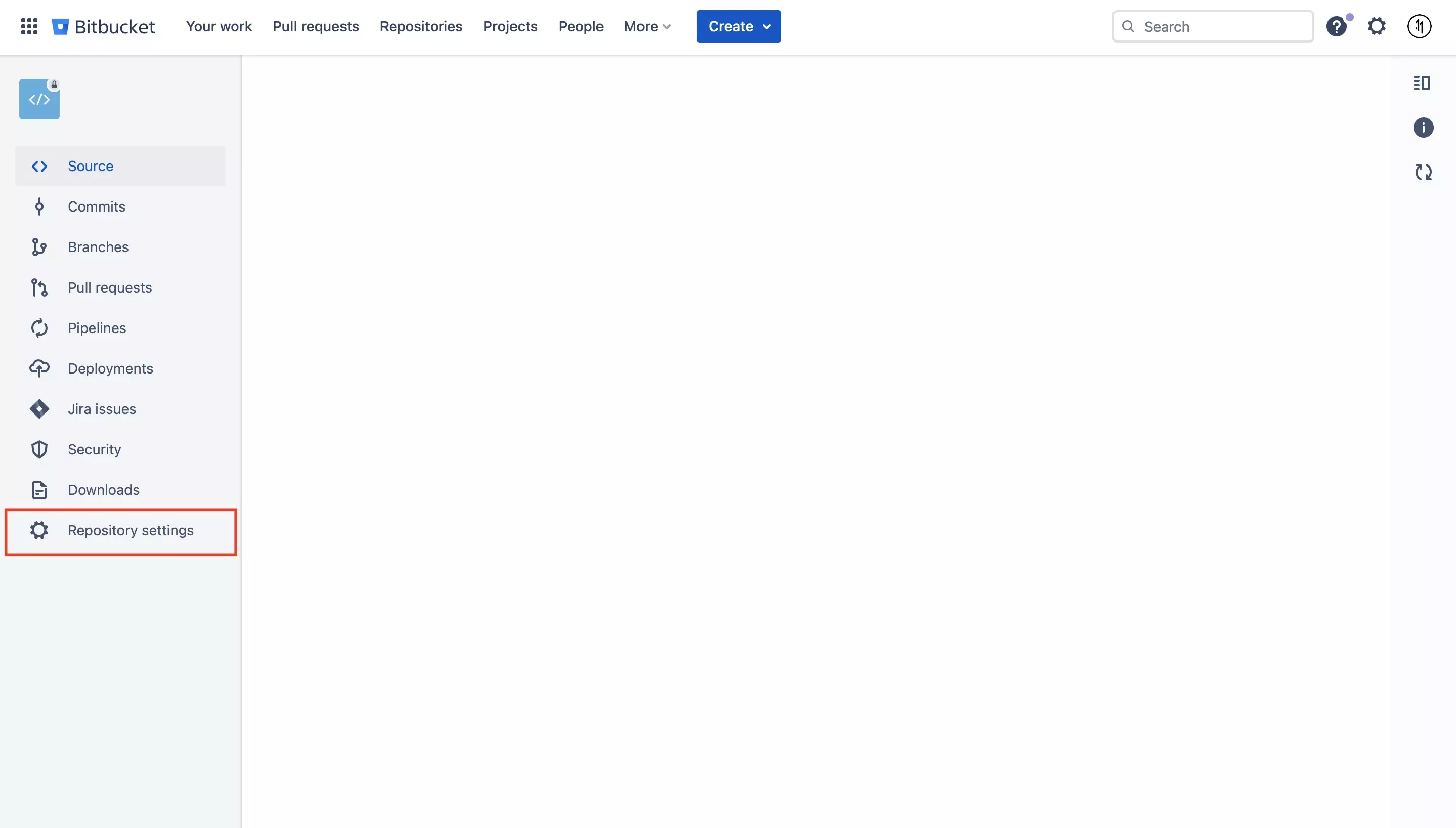 A screenshot of Bitbucket showing a respository. Highlighted on the left menu side bar is the "Repository Settings" tab. Click it and move to the next step.